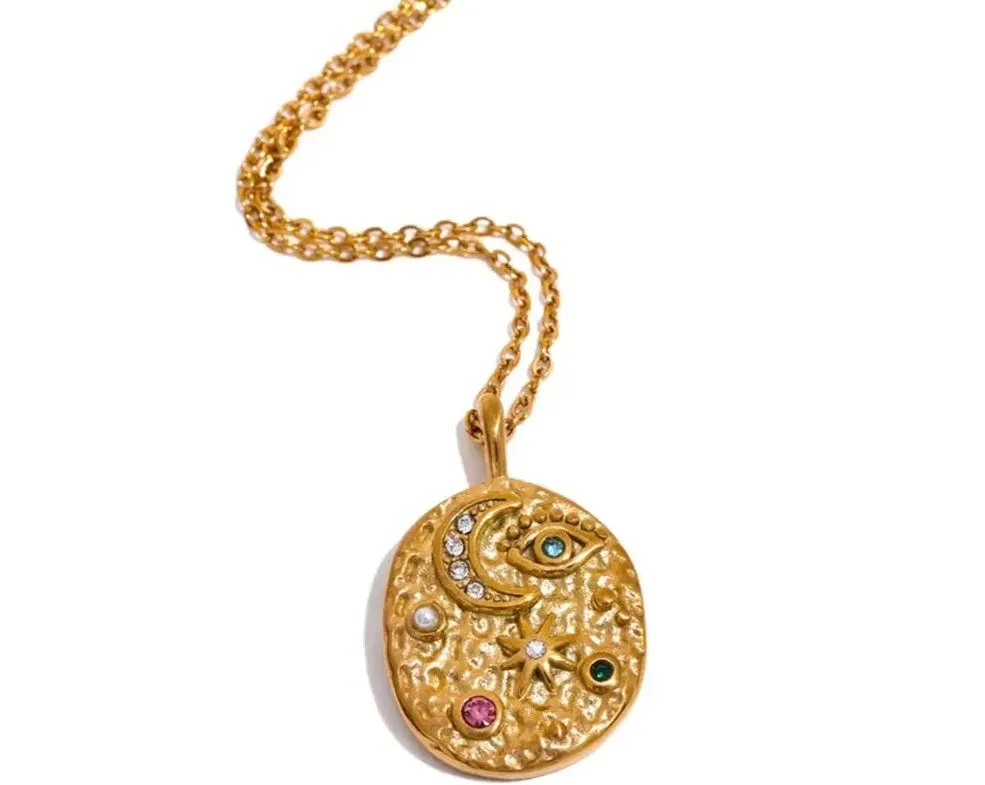 Moon, Star, Eye, Oval Necklace