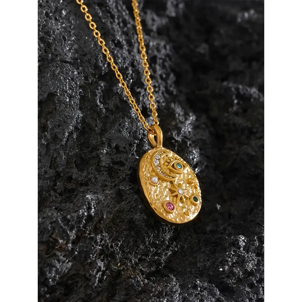 Moon, Star, Eye, Oval Necklace
