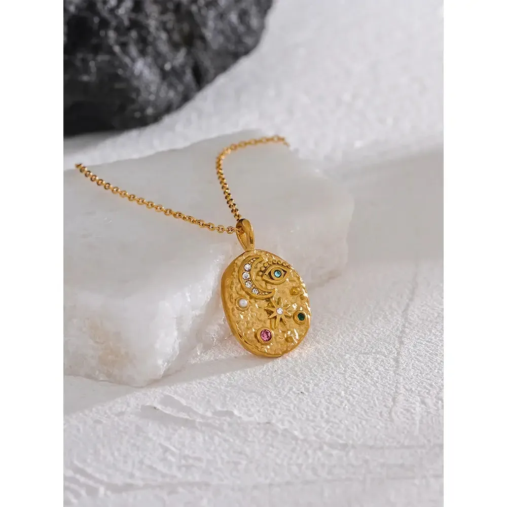 Moon, Star, Eye, Oval Necklace