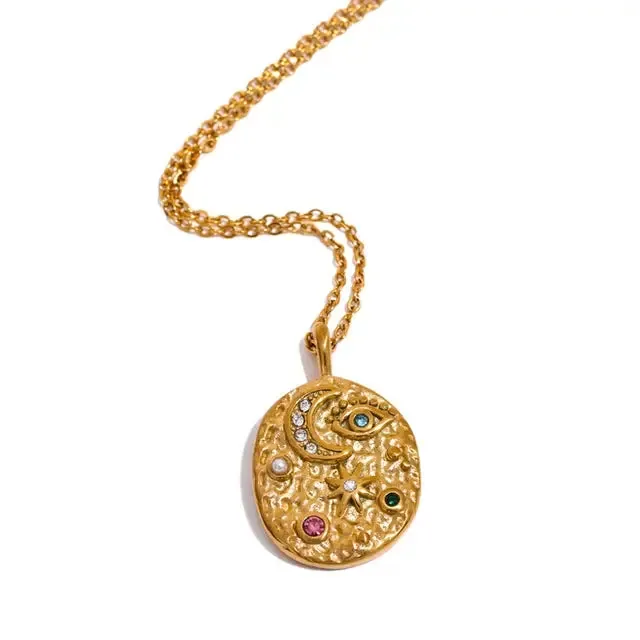 Moon, Star, Eye, Oval Necklace