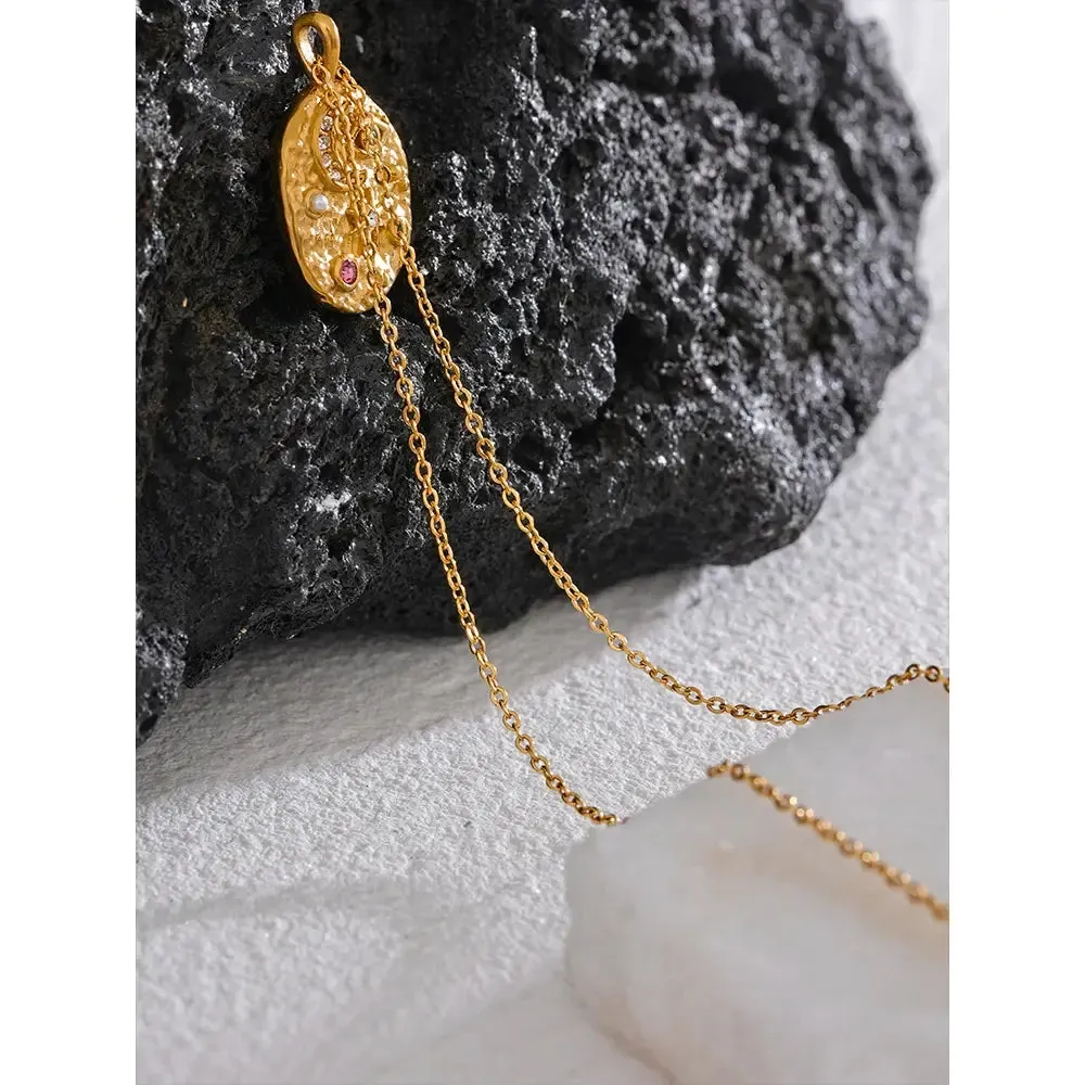 Moon, Star, Eye, Oval Necklace