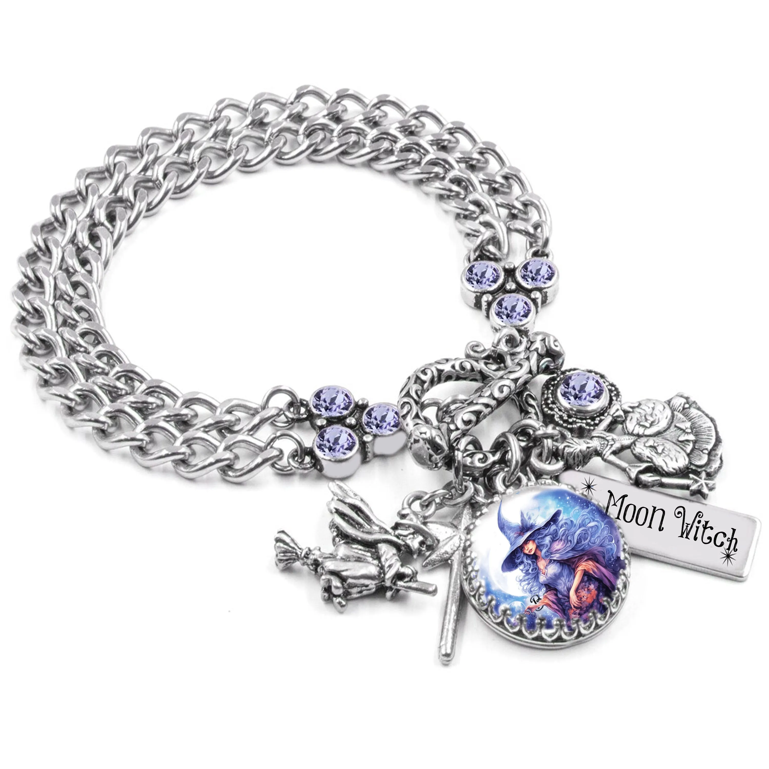 Moon Witch Charm Bracelet with Sapphire Crystals