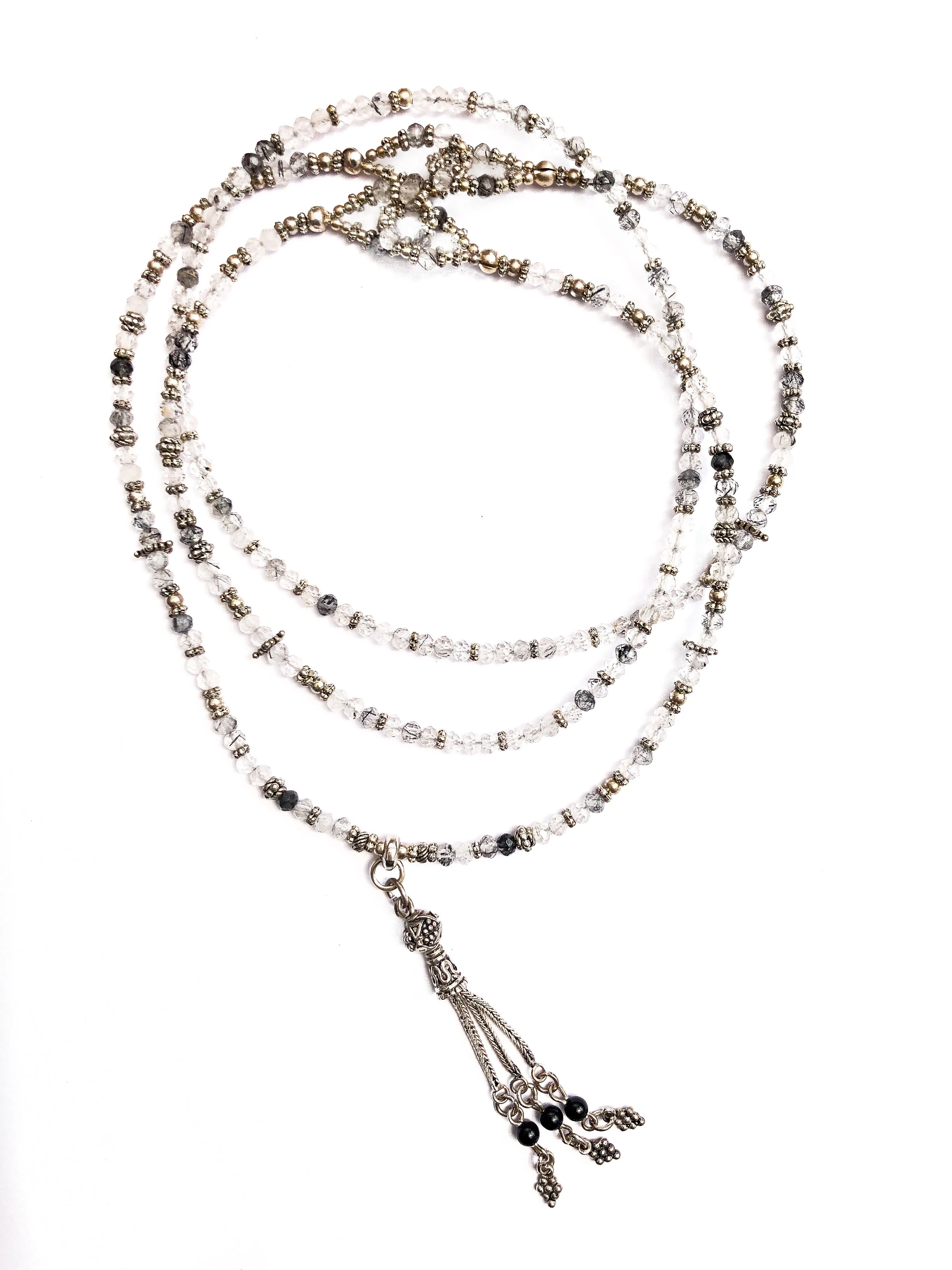 Moonstone & Rutilated Quartz Sterling Silver Tassel Necklace