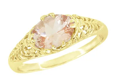 Morganite East West Oval Filigree Edwardian Engagement Ring in 14 Karat Yellow Gold