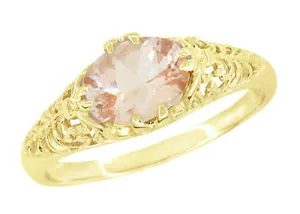 Morganite East West Oval Filigree Edwardian Engagement Ring in 14 Karat Yellow Gold