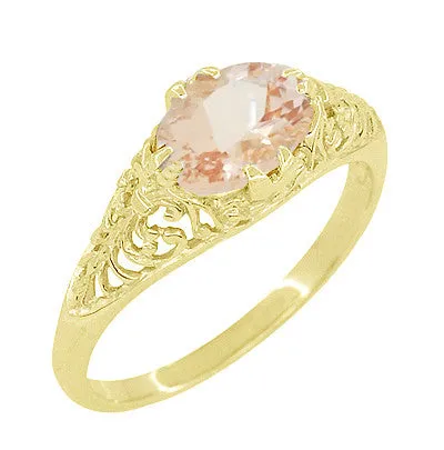 Morganite East West Oval Filigree Edwardian Engagement Ring in 14 Karat Yellow Gold