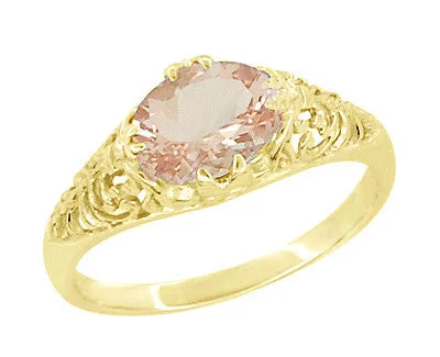 Morganite East West Oval Filigree Edwardian Engagement Ring in 14 Karat Yellow Gold