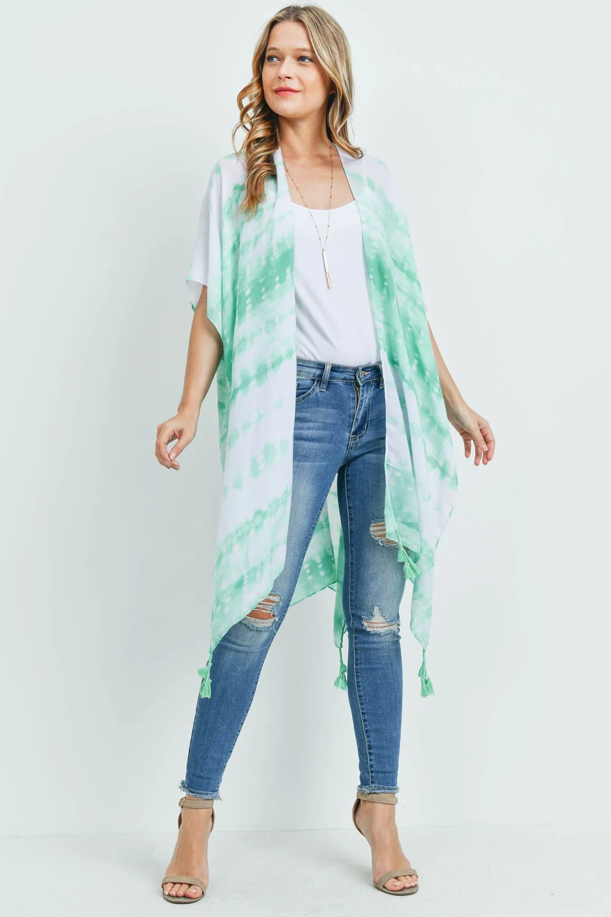 MS0170GN - GREEN TIE DYE DASH TASSEL KIMONO