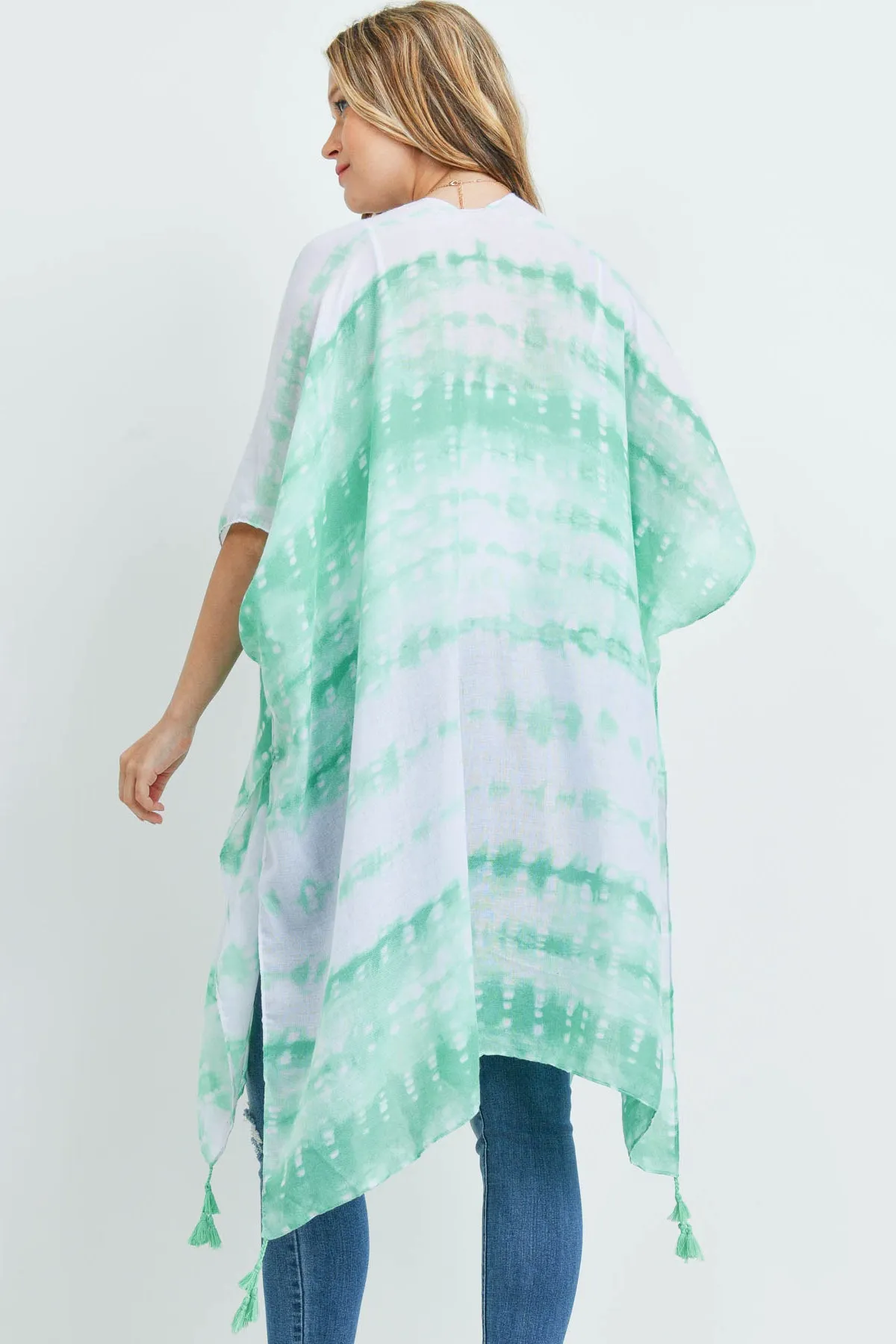 MS0170GN - GREEN TIE DYE DASH TASSEL KIMONO