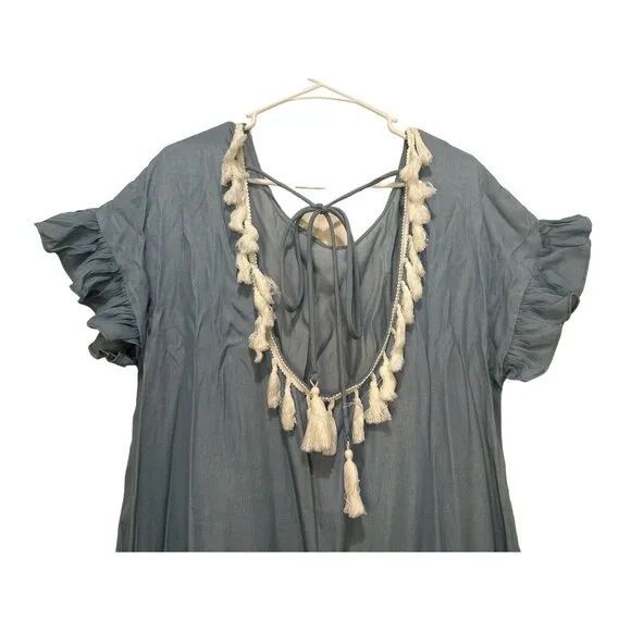 Mulla Fringe Tunic Dress Womens Large Blue Tassel Scoopback Tiered Hem Bohemian