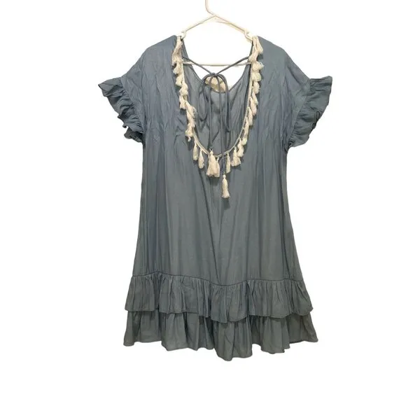 Mulla Fringe Tunic Dress Womens Large Blue Tassel Scoopback Tiered Hem Bohemian