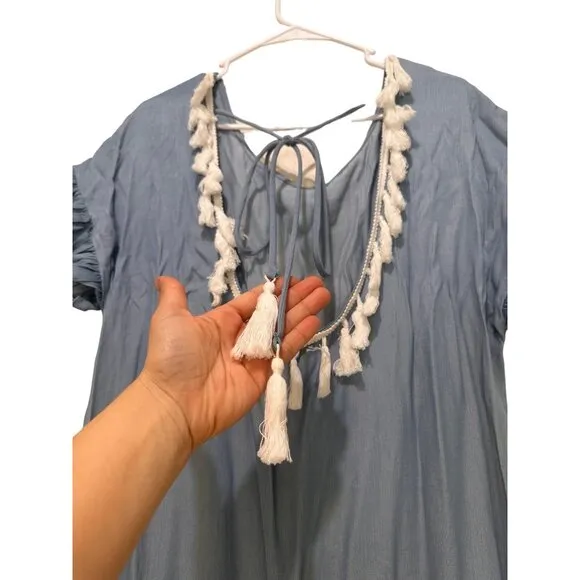 Mulla Fringe Tunic Dress Womens Large Blue Tassel Scoopback Tiered Hem Bohemian
