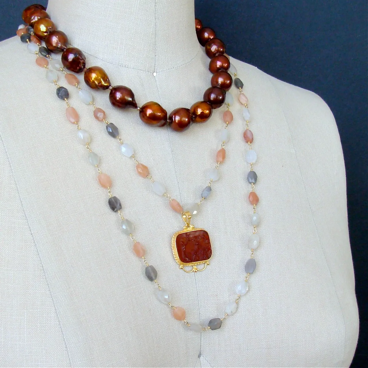 Multi Moonstone Double Strand Venetian Intaglio Necklace - Castelmezzano Necklace
