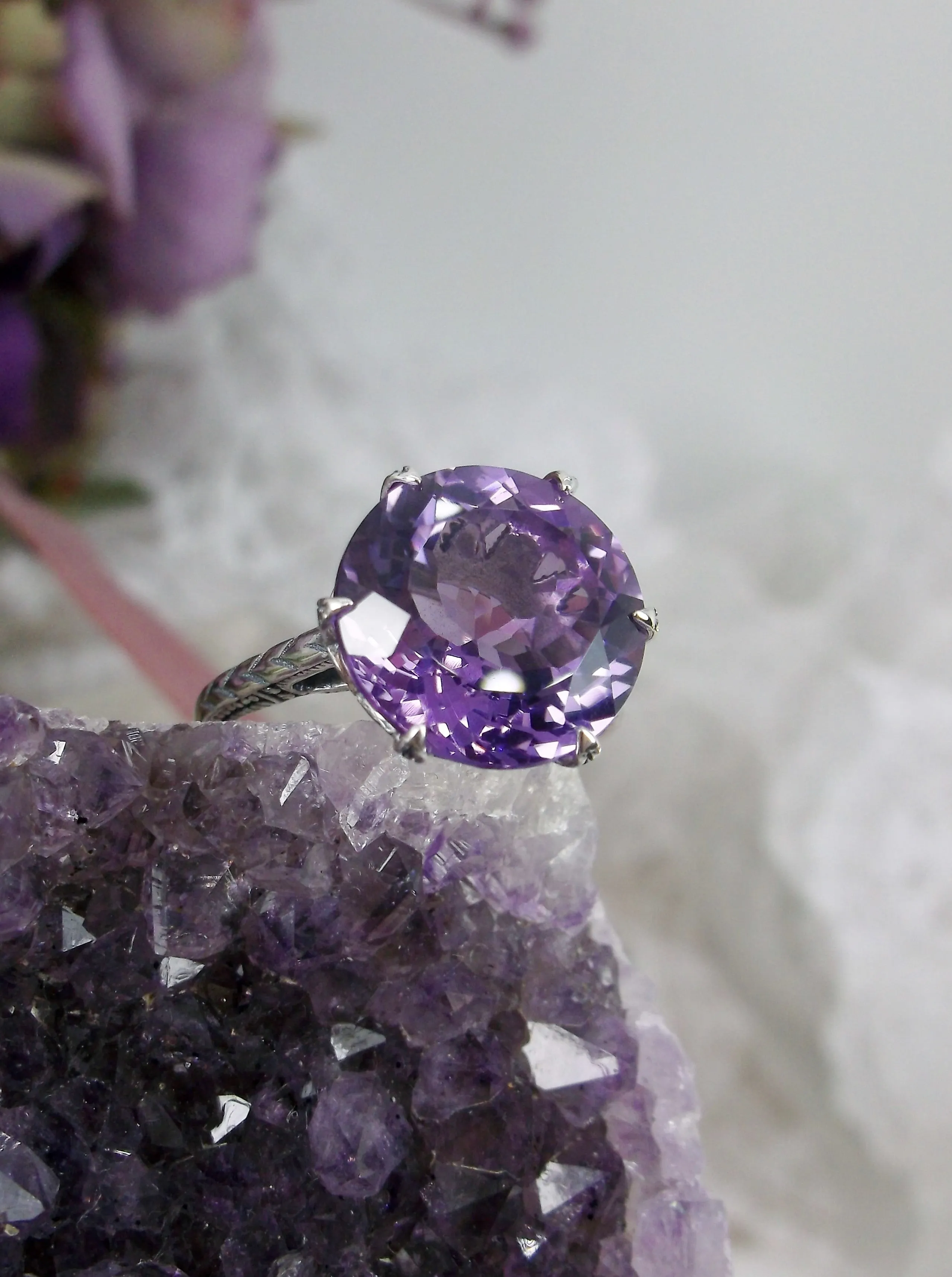 Natural Amethyst Ring, Natural Purple Amethyst Gemstone, Classic Solitaire #D37