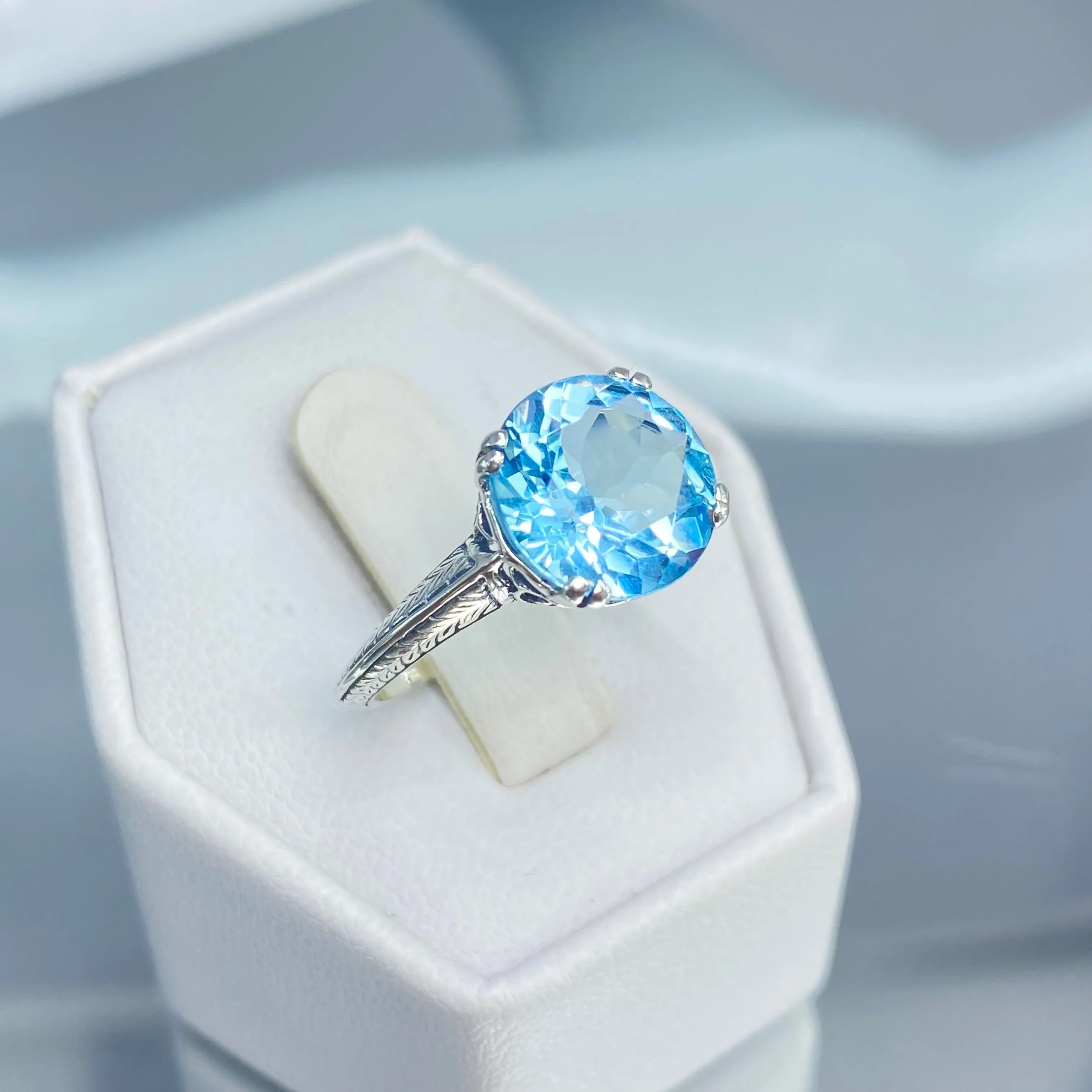 Natural Blue Topaz Ring, Size 7, Button Ring, Art Deco 1930's Style Jewelry, #D12 - Ready to Ship
