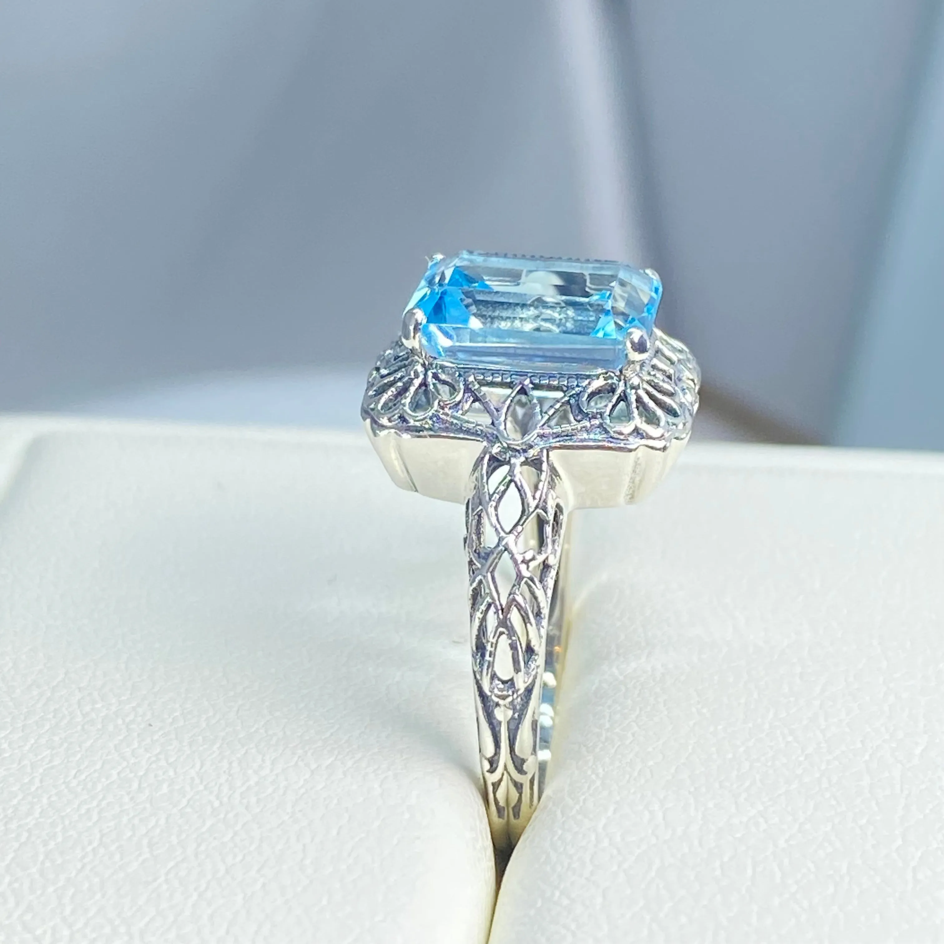 Natural Blue Topaz Ring, Vintage Filigree, Victorian Revival Jewelry, D150