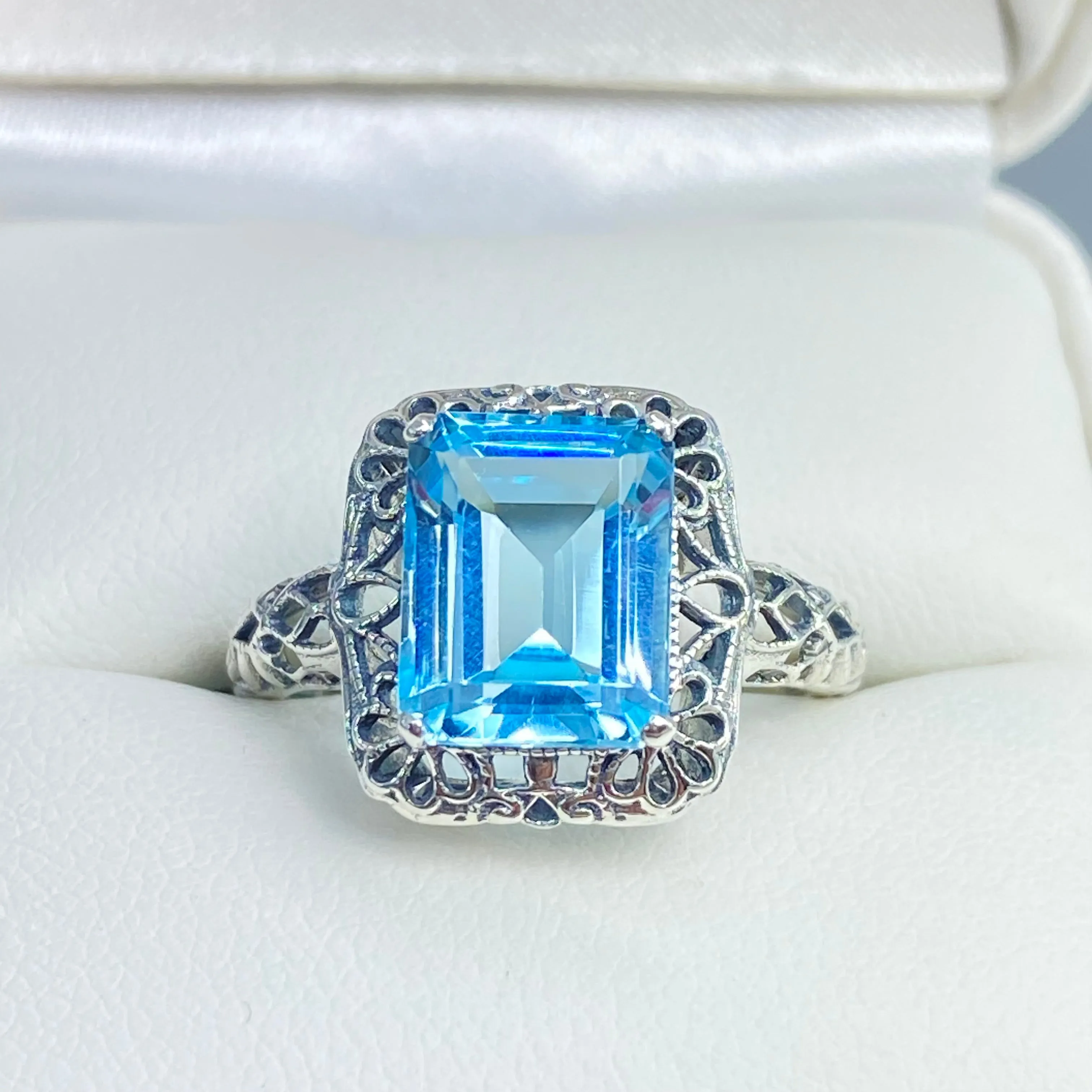 Natural Blue Topaz Ring, Vintage Filigree, Victorian Revival Jewelry, D150