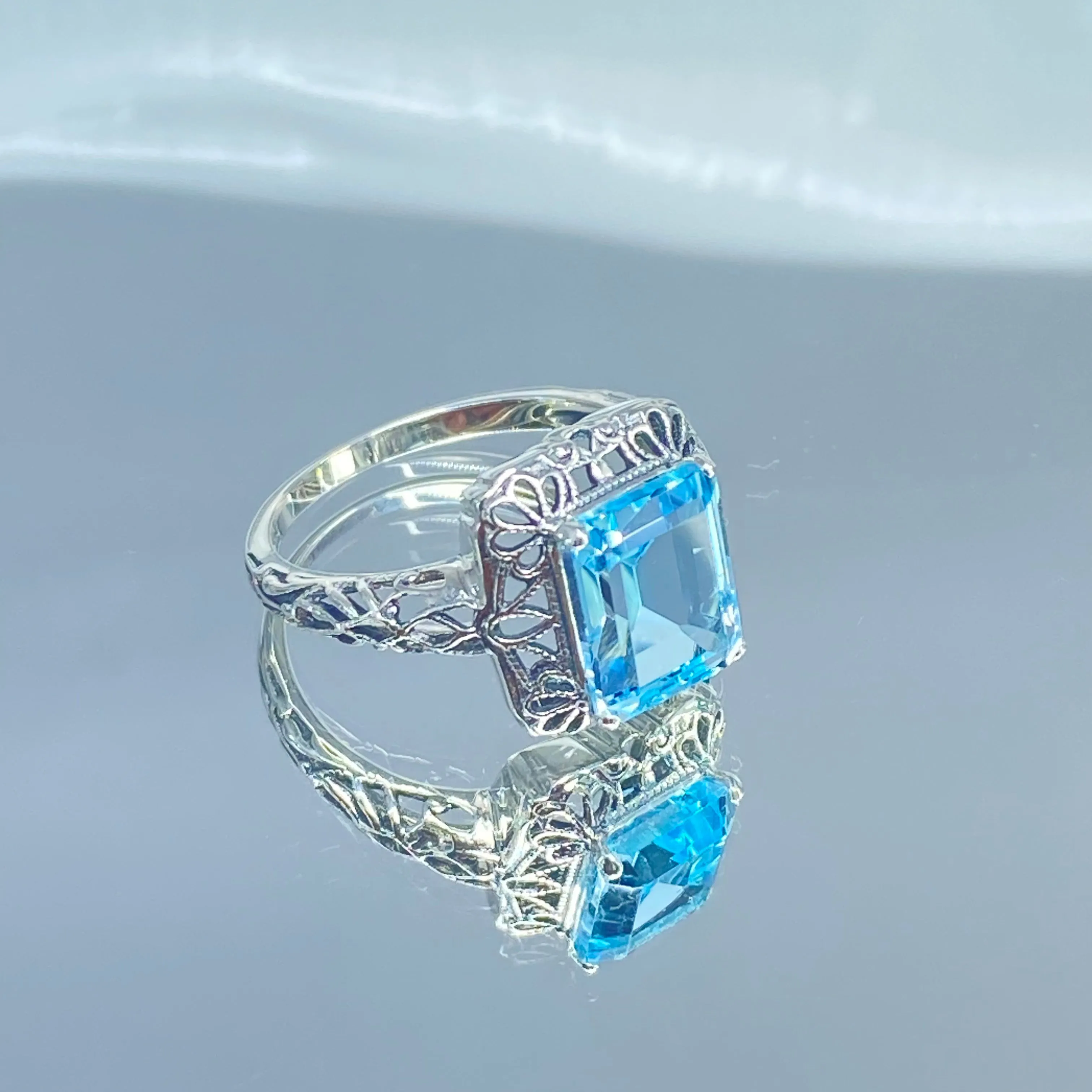 Natural Blue Topaz Ring, Vintage Filigree, Victorian Revival Jewelry, D150