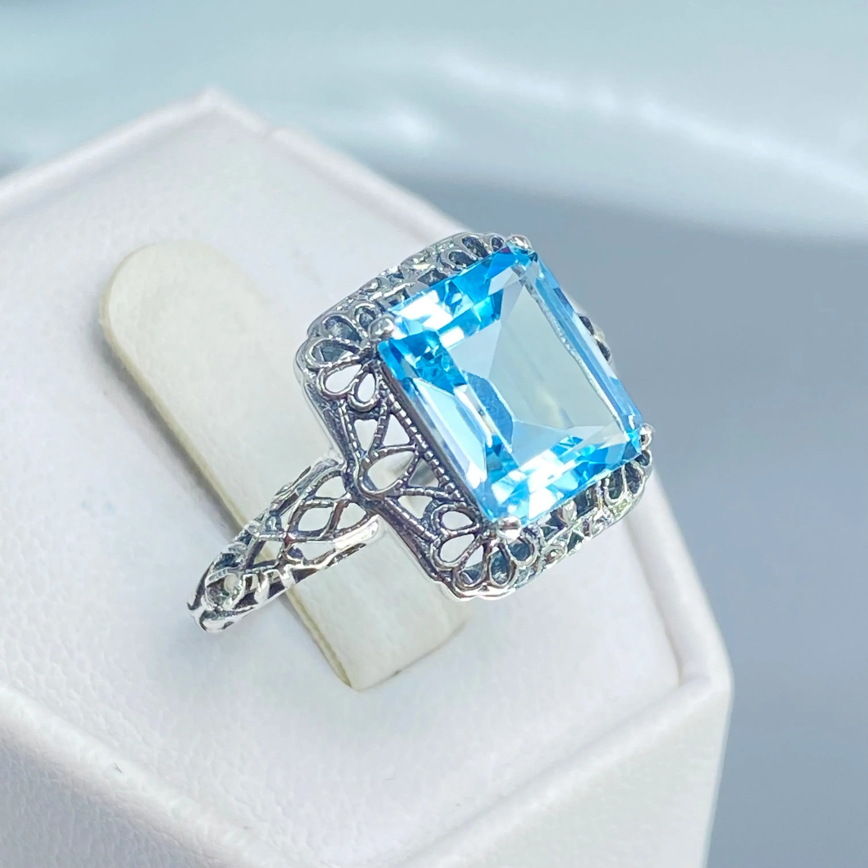 Natural Blue Topaz Ring, Vintage Filigree, Victorian Revival Jewelry, D150