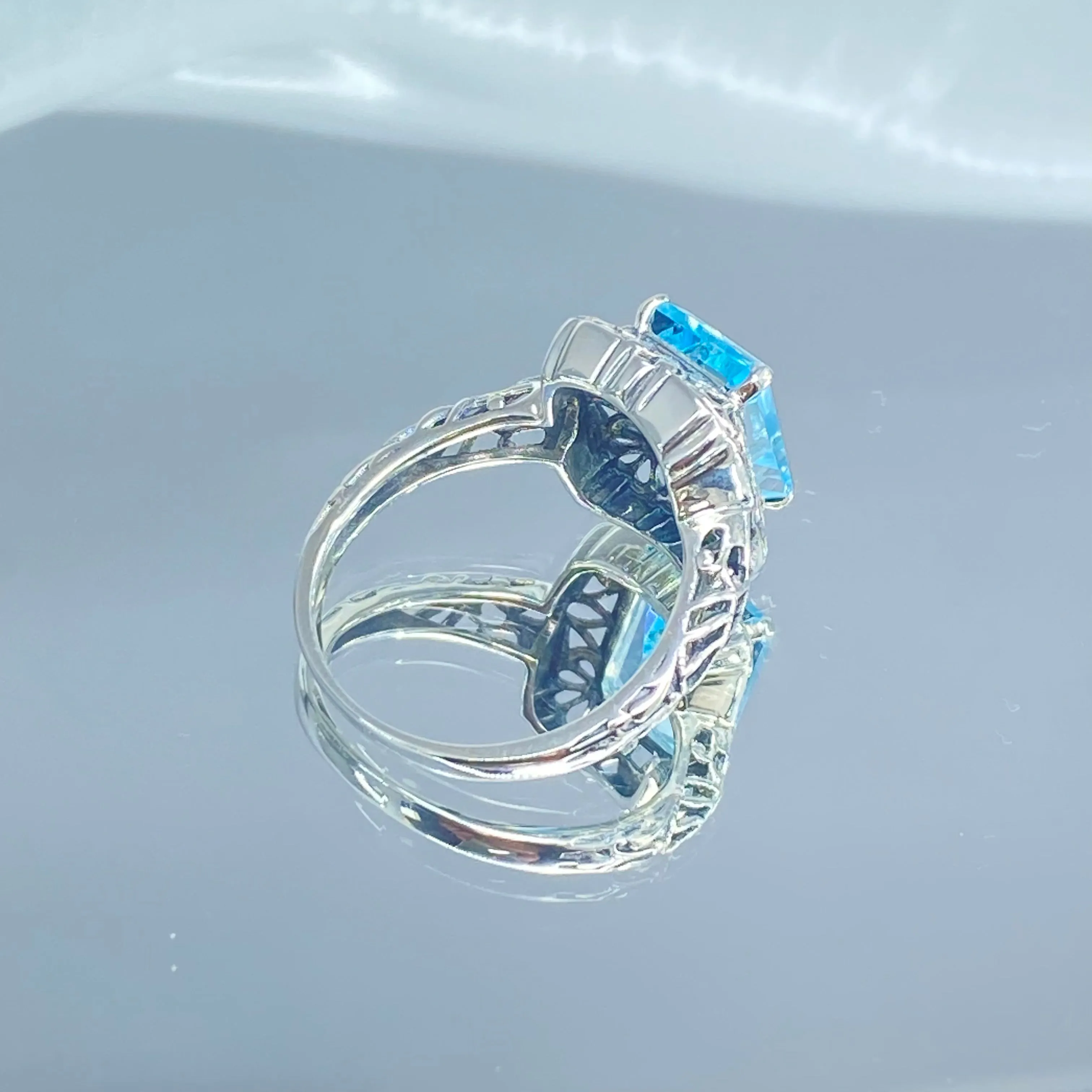 Natural Blue Topaz Ring, Vintage Filigree, Victorian Revival Jewelry, D150
