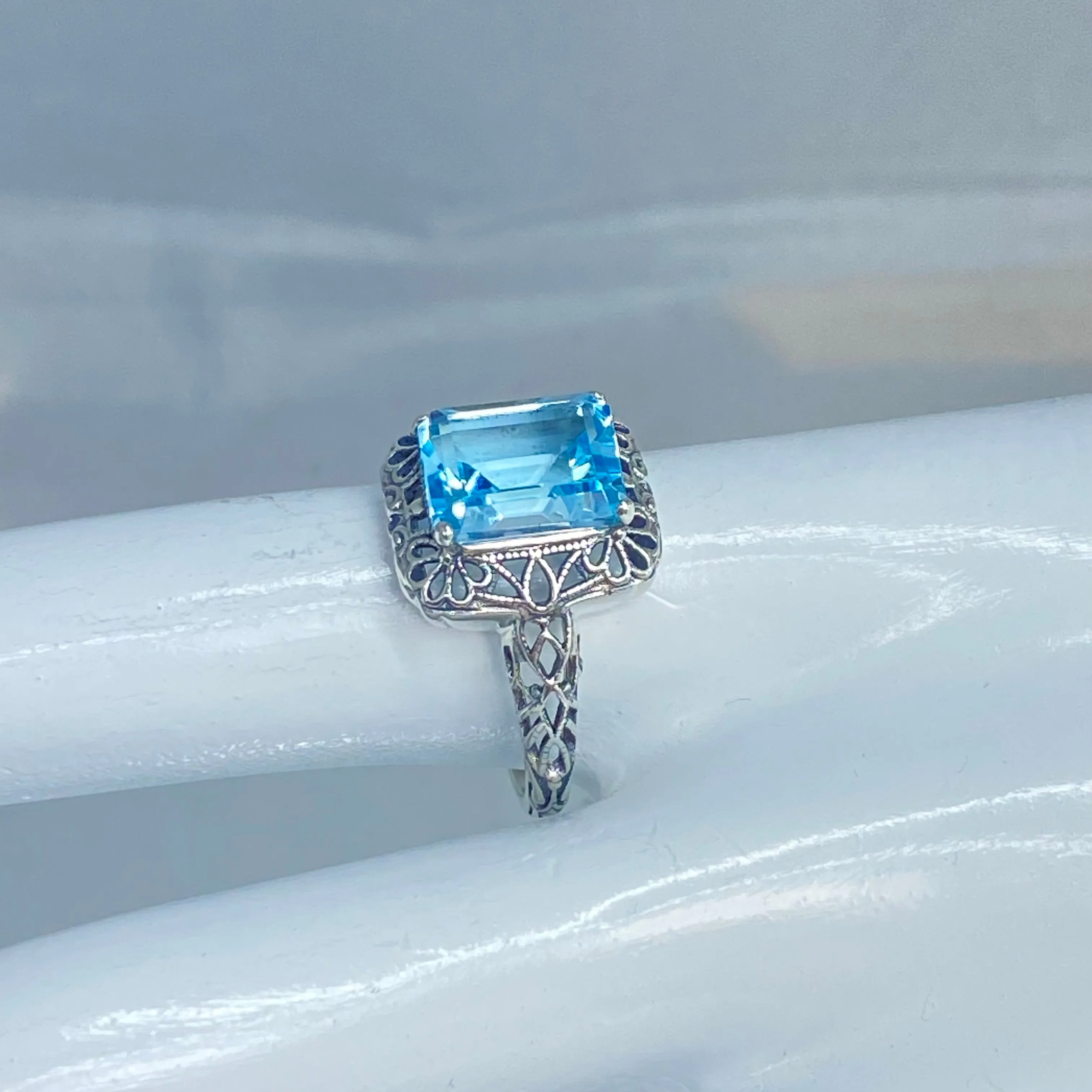 Natural Blue Topaz Ring, Vintage Filigree, Victorian Revival Jewelry, D150