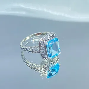 Natural Blue Topaz Ring, Vintage Filigree, Victorian Revival Jewelry, D150