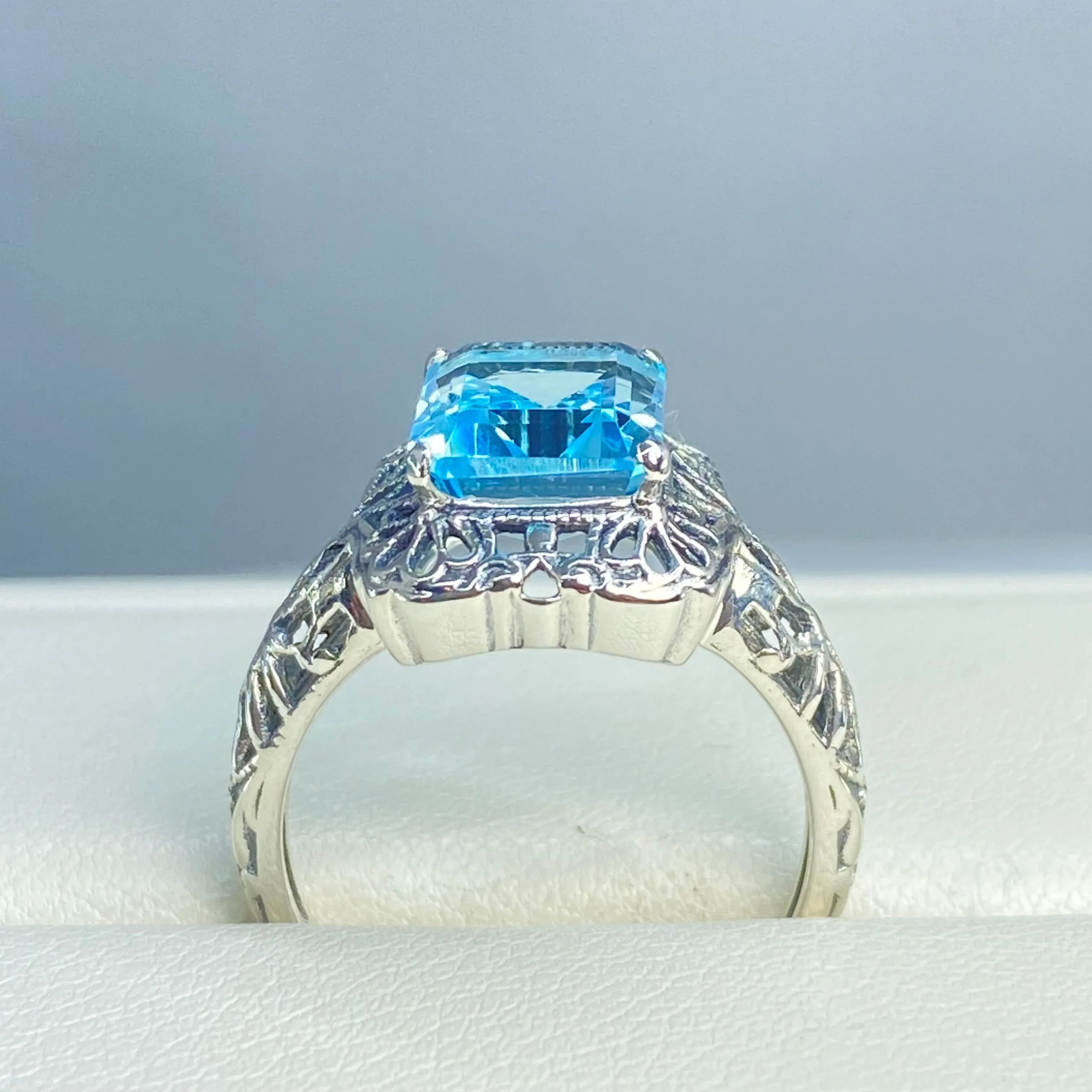 Natural Blue Topaz Ring, Vintage Filigree, Victorian Revival Jewelry, D150