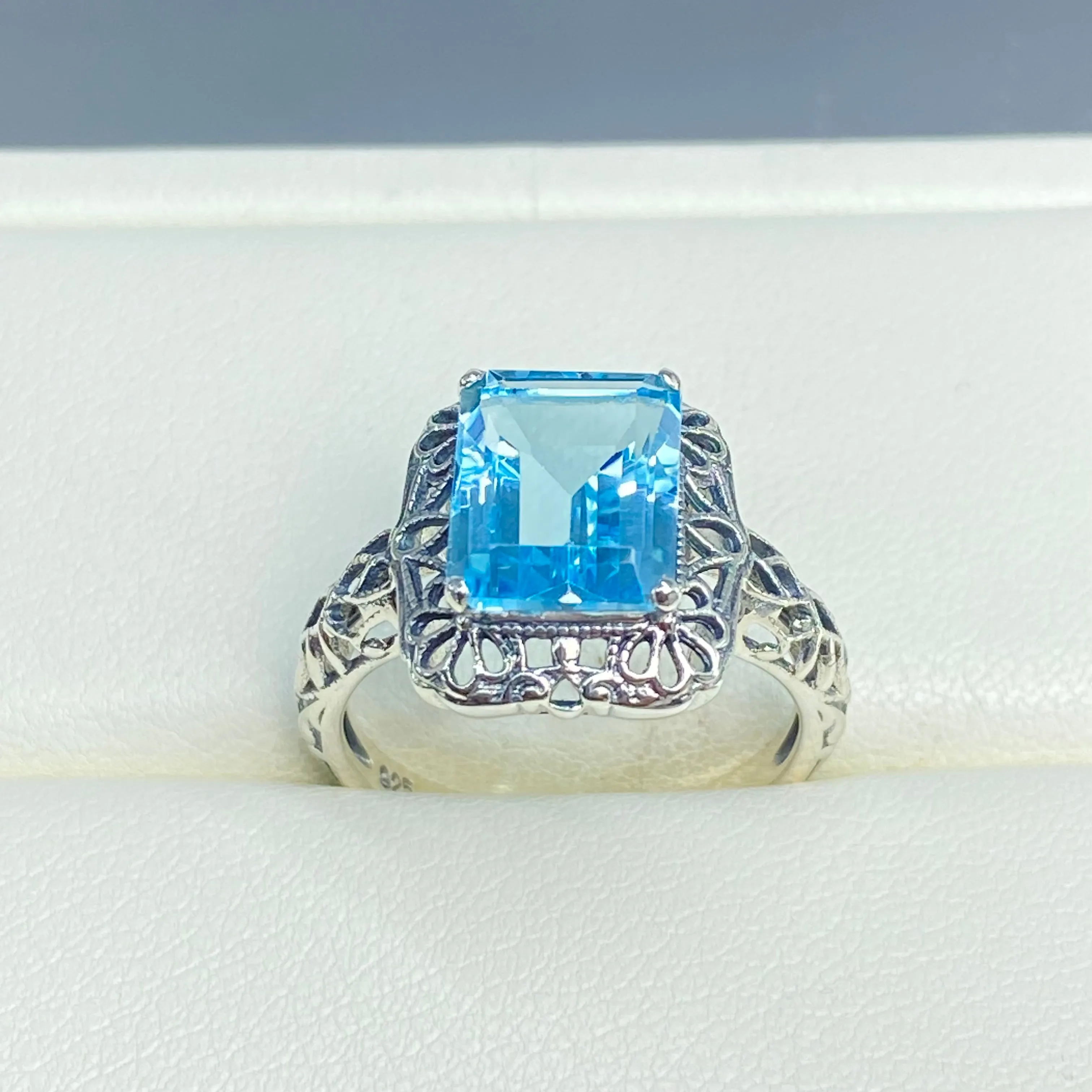 Natural Blue Topaz Ring, Vintage Filigree, Victorian Revival Jewelry, D150