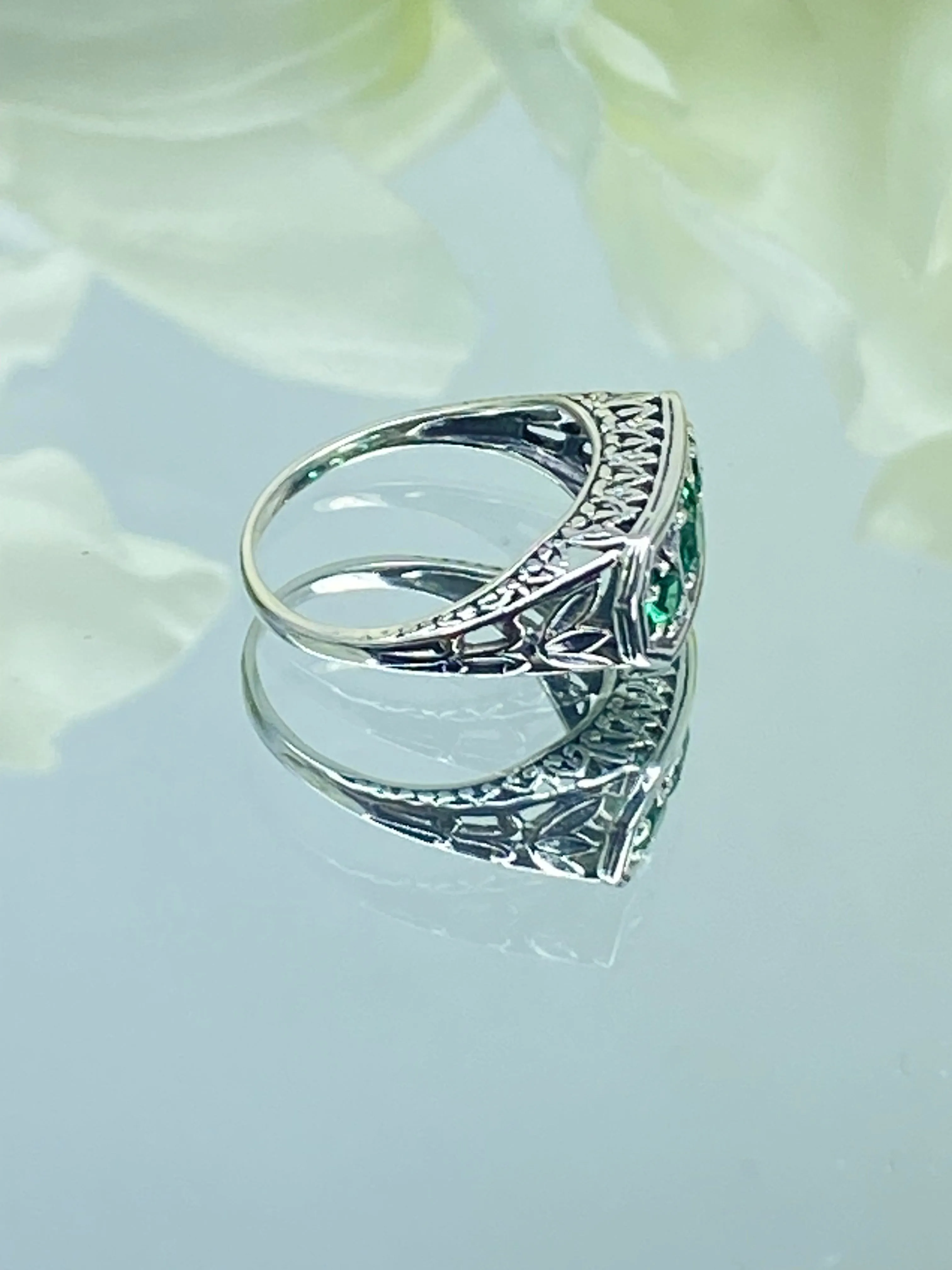 Natural Emerald Ring, Size 4.5, Sterling Silver Lily Filigree, Edwardian Jewelry #D197 - Ready to Ship