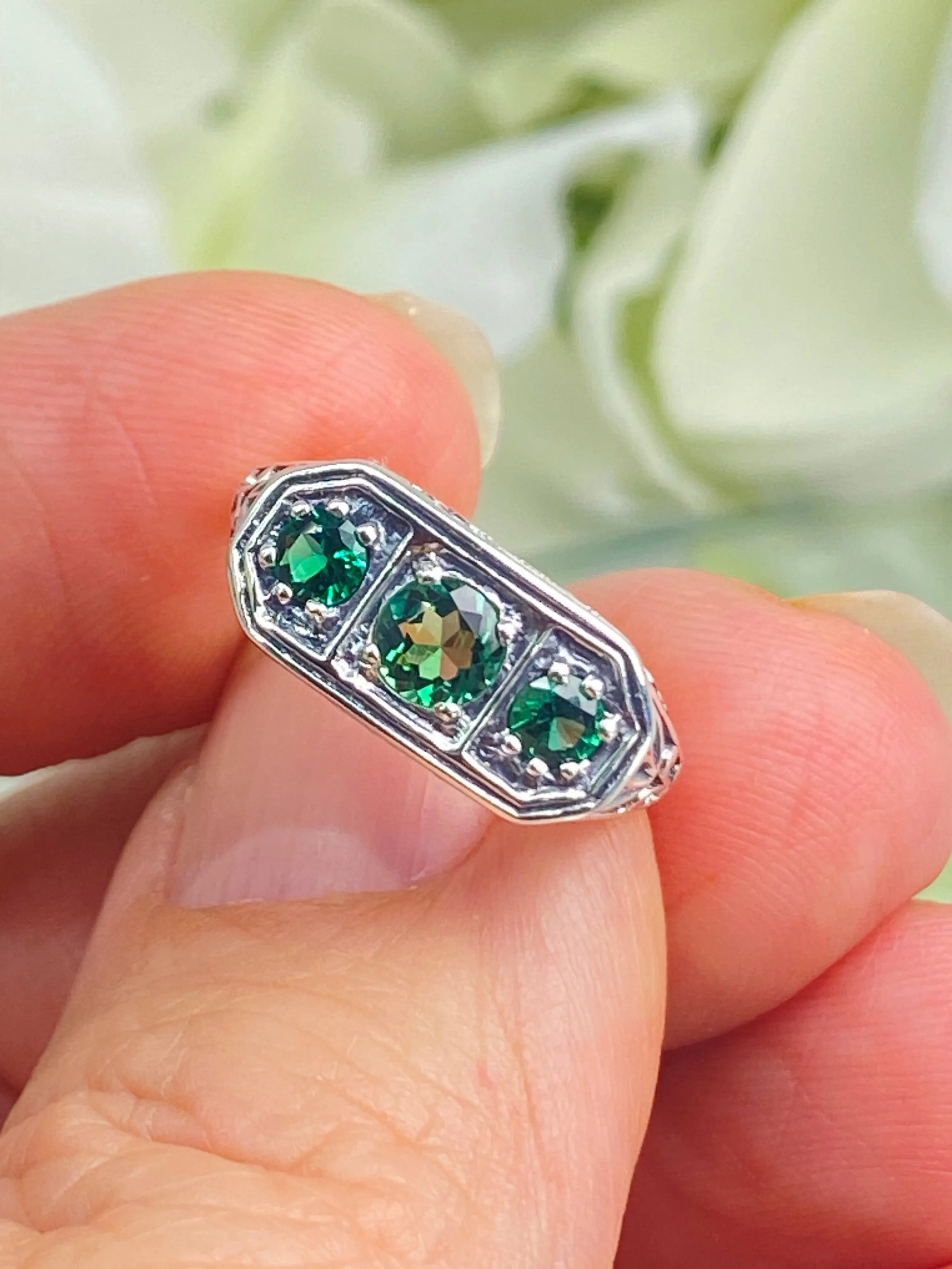 Natural Emerald Ring, Size 4.5, Sterling Silver Lily Filigree, Edwardian Jewelry #D197 - Ready to Ship