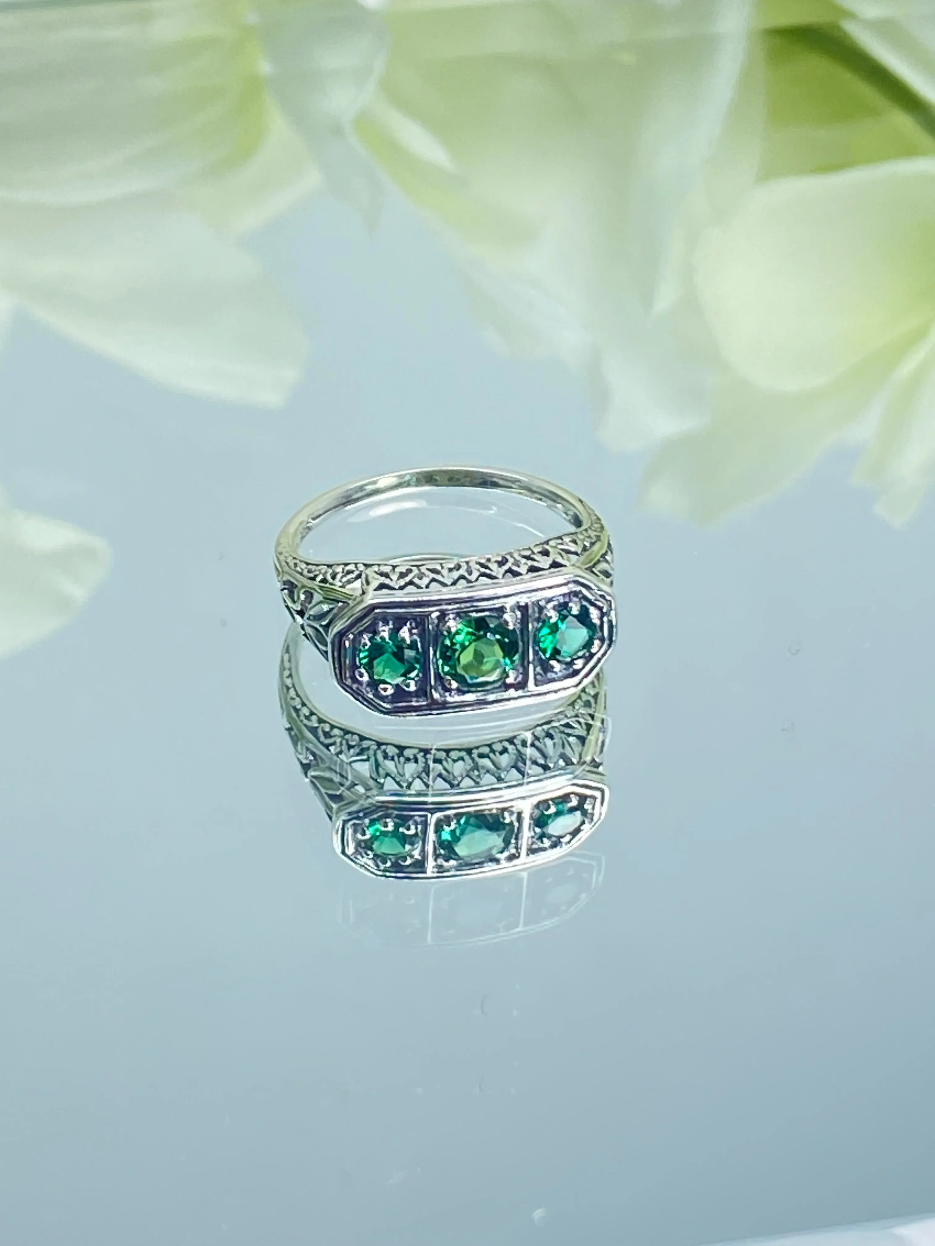 Natural Emerald Ring, Size 4.5, Sterling Silver Lily Filigree, Edwardian Jewelry #D197 - Ready to Ship