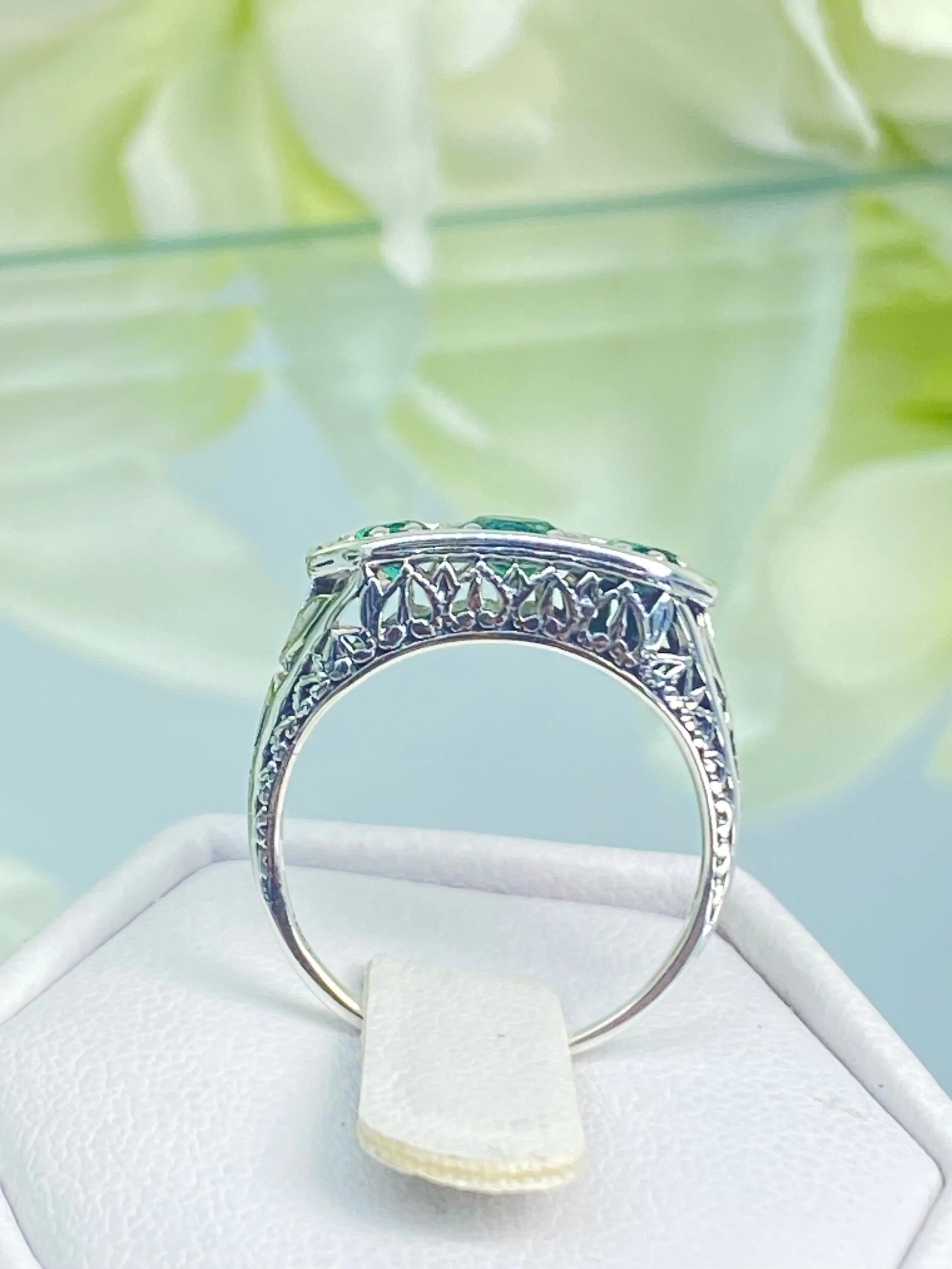 Natural Emerald Ring, Size 4.5, Sterling Silver Lily Filigree, Edwardian Jewelry #D197 - Ready to Ship