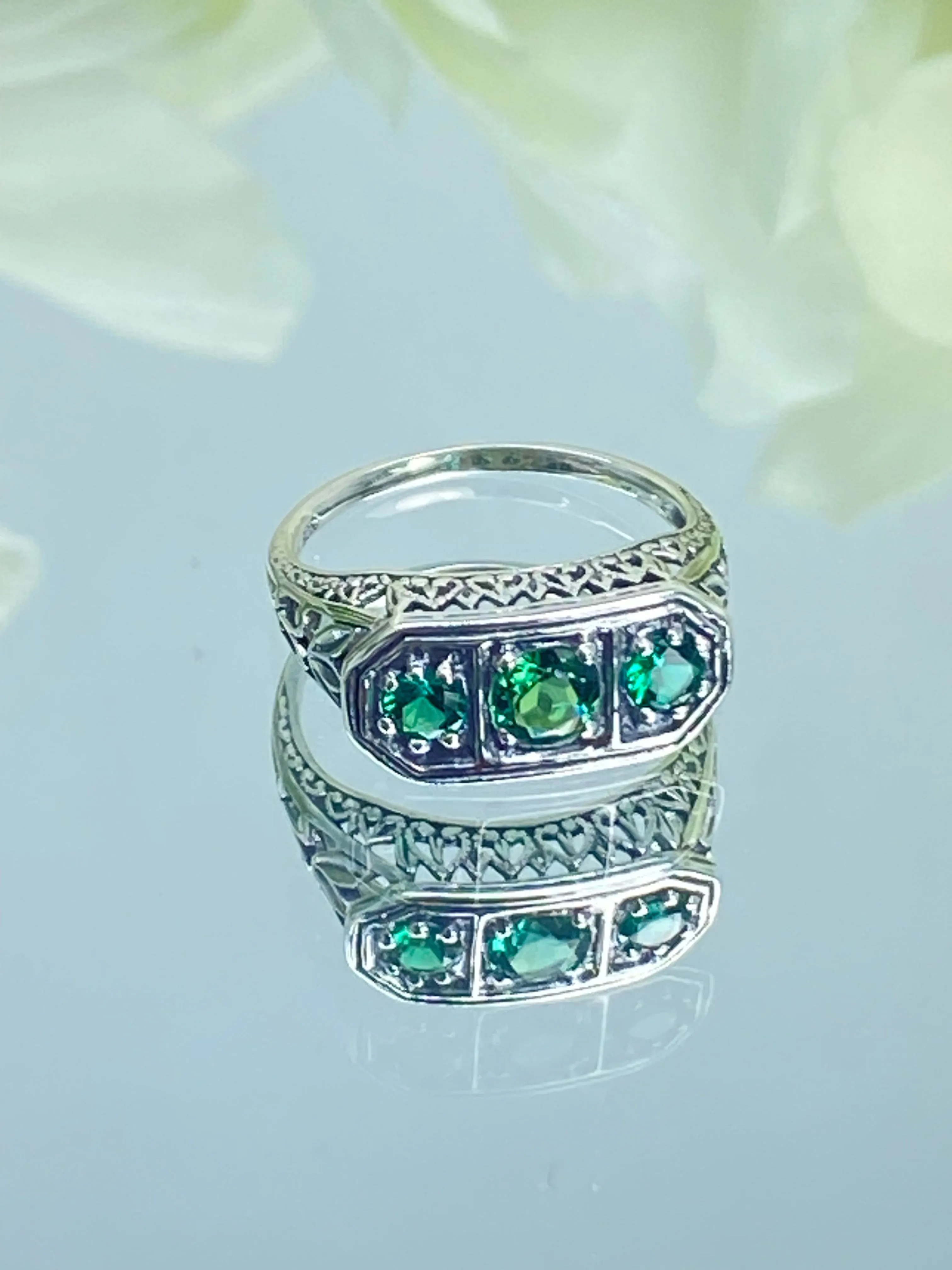 Natural Emerald Ring, Size 4.5, Sterling Silver Lily Filigree, Edwardian Jewelry #D197 - Ready to Ship