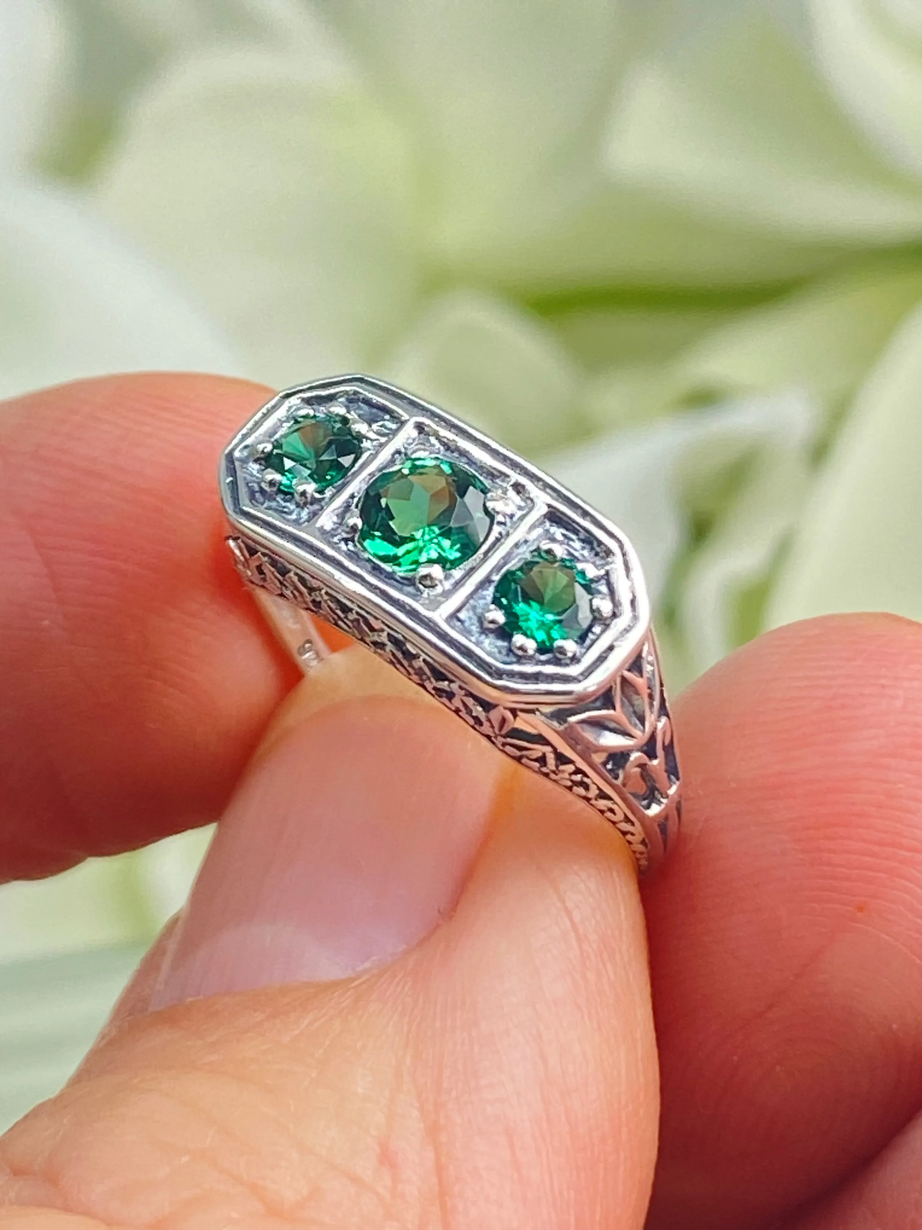 Natural Emerald Ring, Size 4.5, Sterling Silver Lily Filigree, Edwardian Jewelry #D197 - Ready to Ship