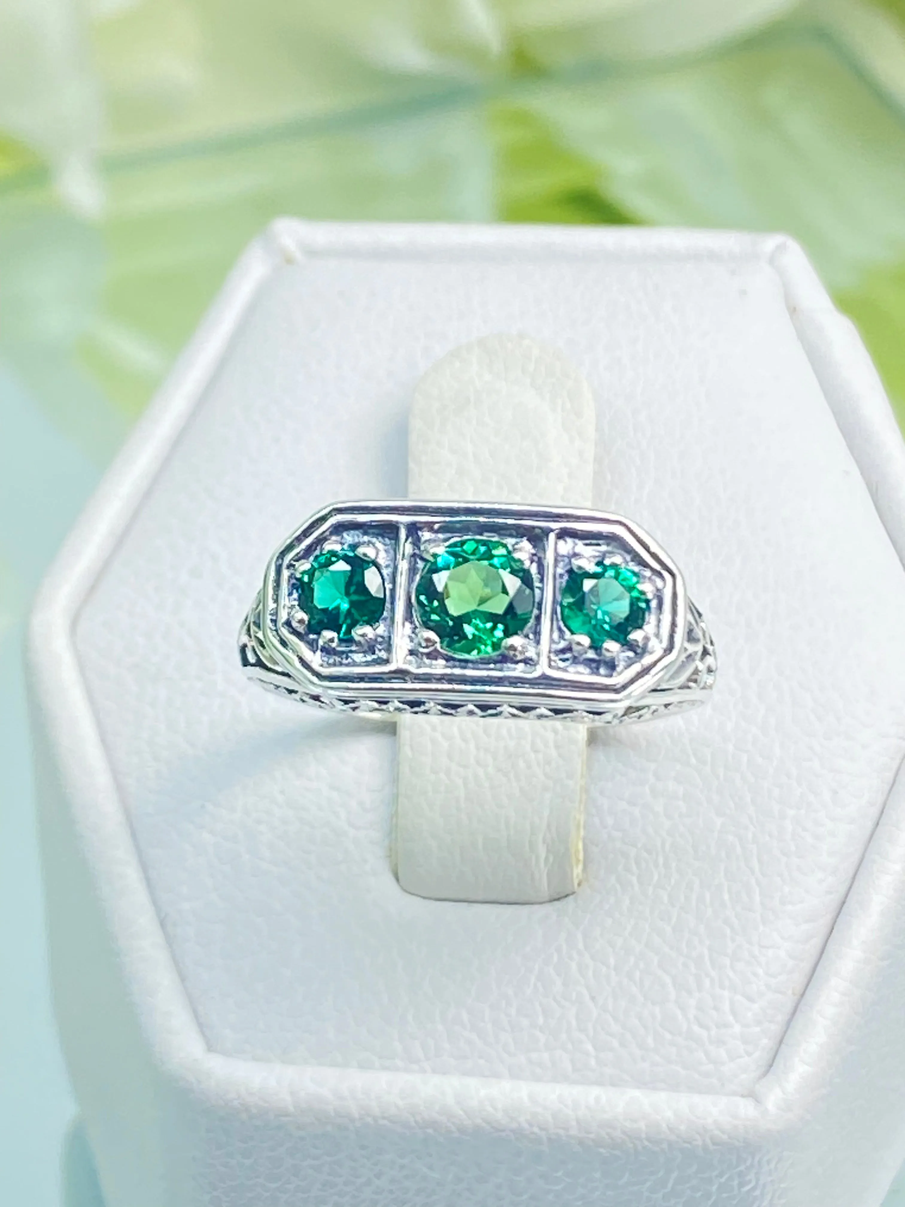 Natural Emerald Ring, Size 4.5, Sterling Silver Lily Filigree, Edwardian Jewelry #D197 - Ready to Ship