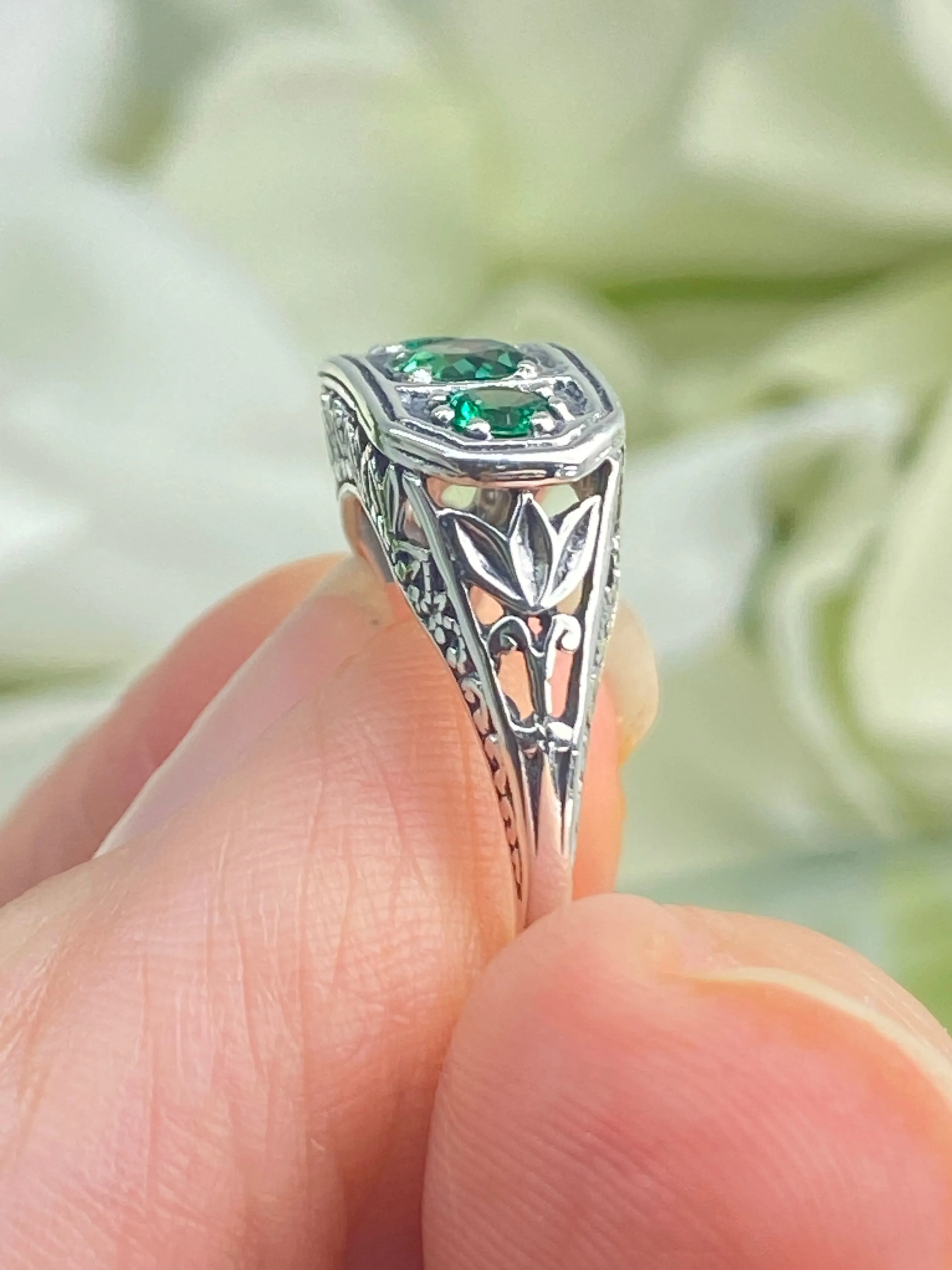 Natural Emerald Ring, Size 4.5, Sterling Silver Lily Filigree, Edwardian Jewelry #D197 - Ready to Ship