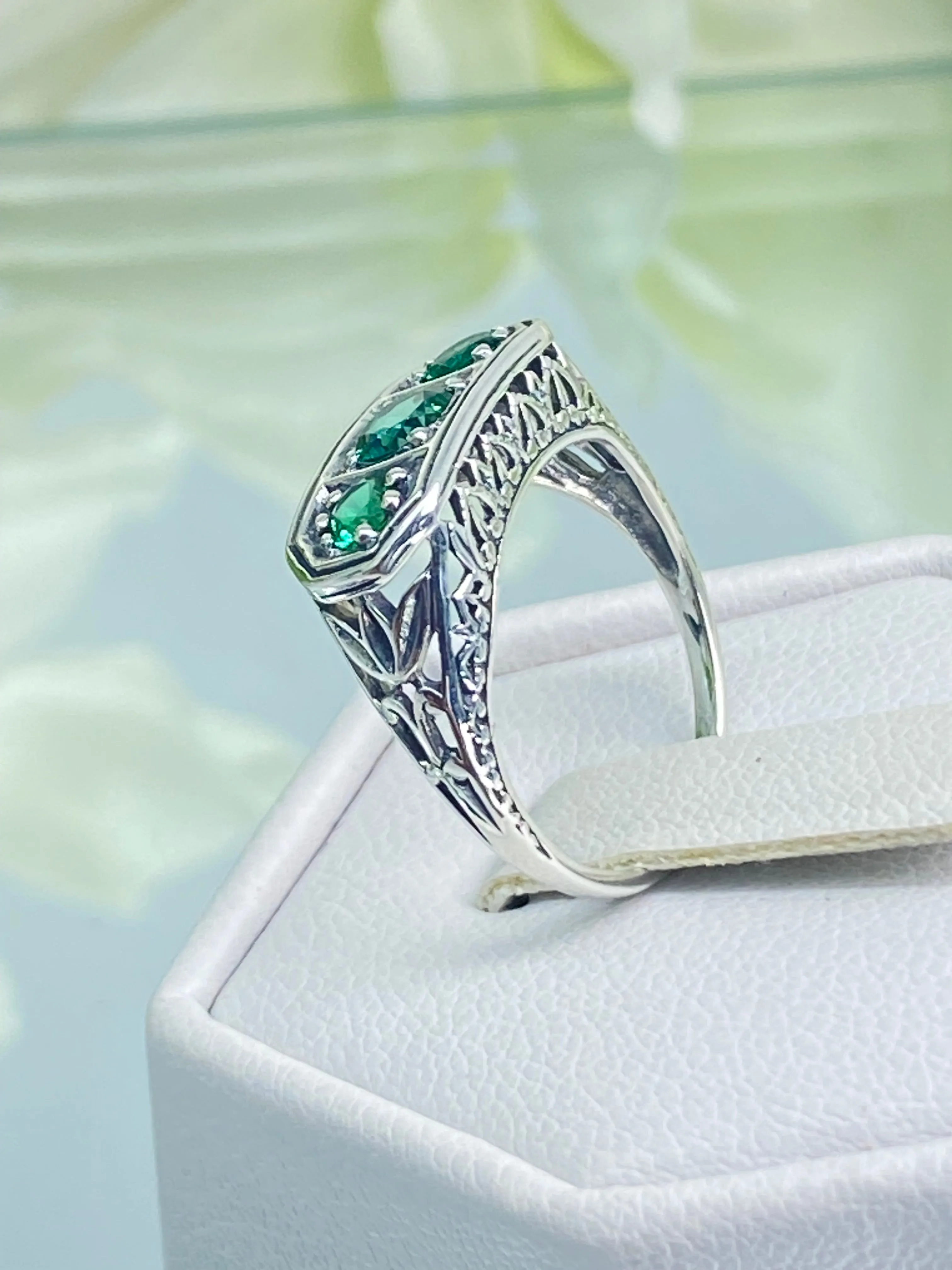 Natural Emerald Ring, Size 4.5, Sterling Silver Lily Filigree, Edwardian Jewelry #D197 - Ready to Ship