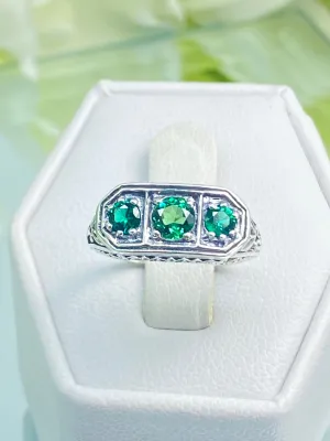 Natural Emerald Ring, Size 4.5, Sterling Silver Lily Filigree, Edwardian Jewelry #D197 - Ready to Ship