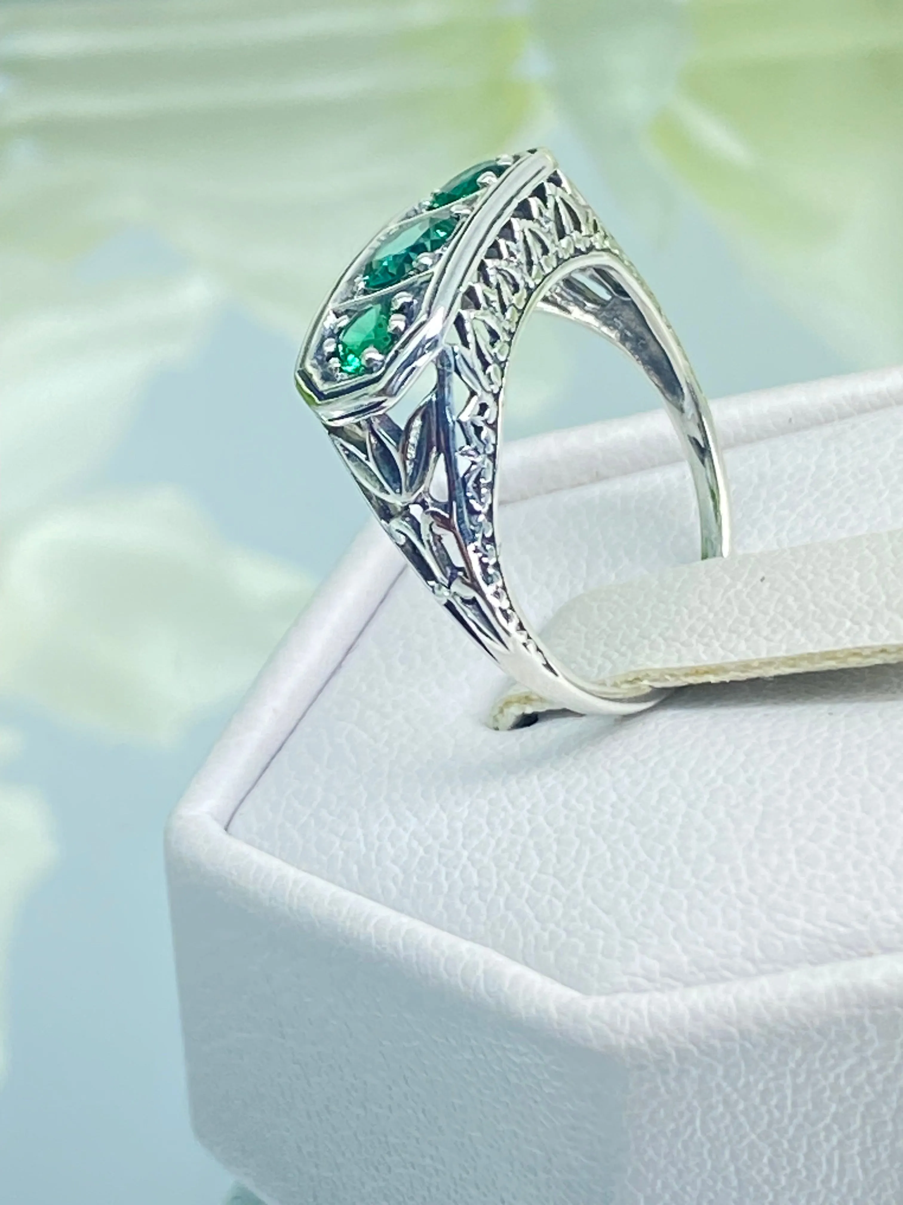 Natural Emerald Ring, Size 4.5, Sterling Silver Lily Filigree, Edwardian Jewelry #D197 - Ready to Ship