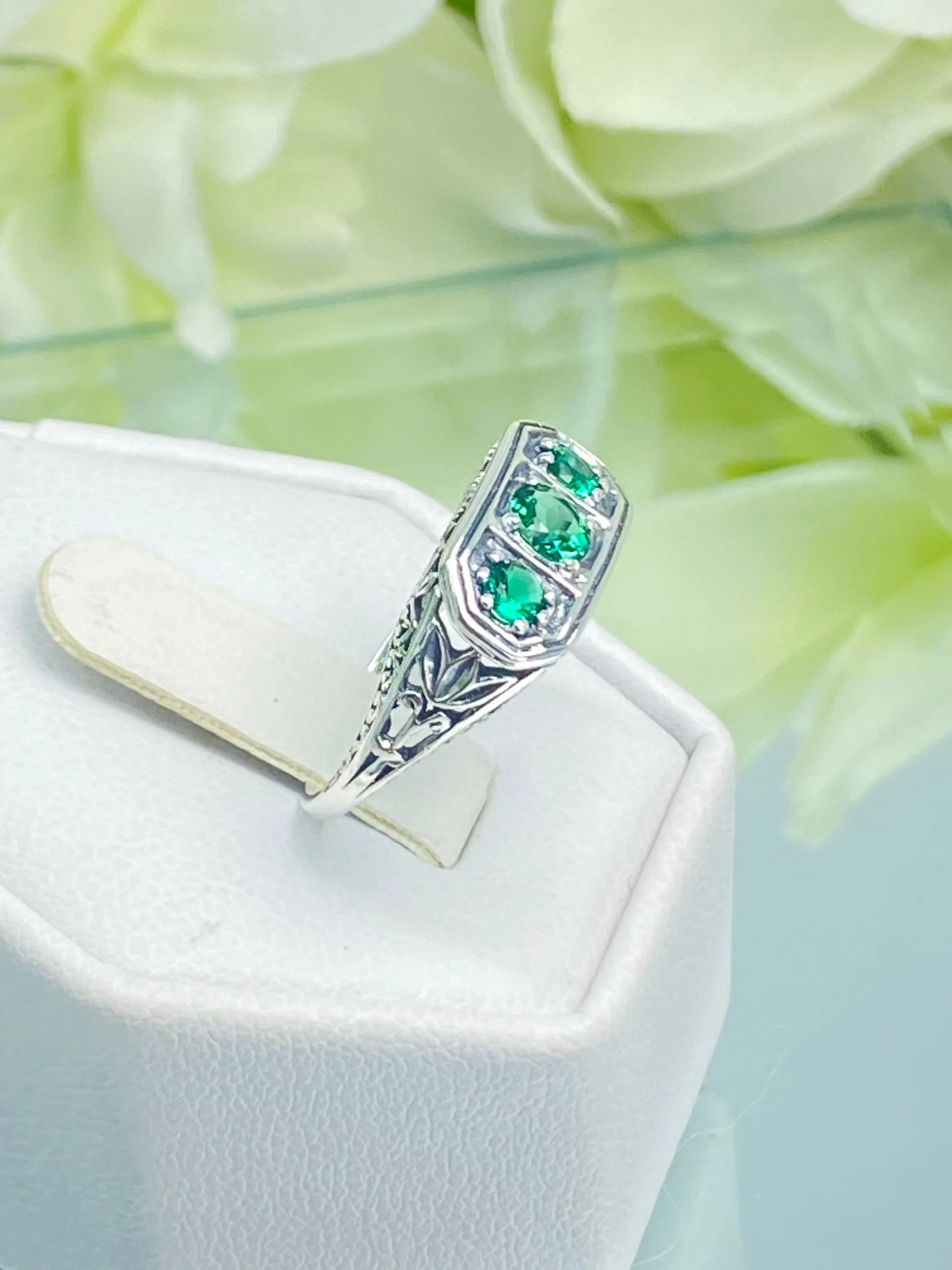 Natural Emerald Ring, Size 4.5, Sterling Silver Lily Filigree, Edwardian Jewelry #D197 - Ready to Ship