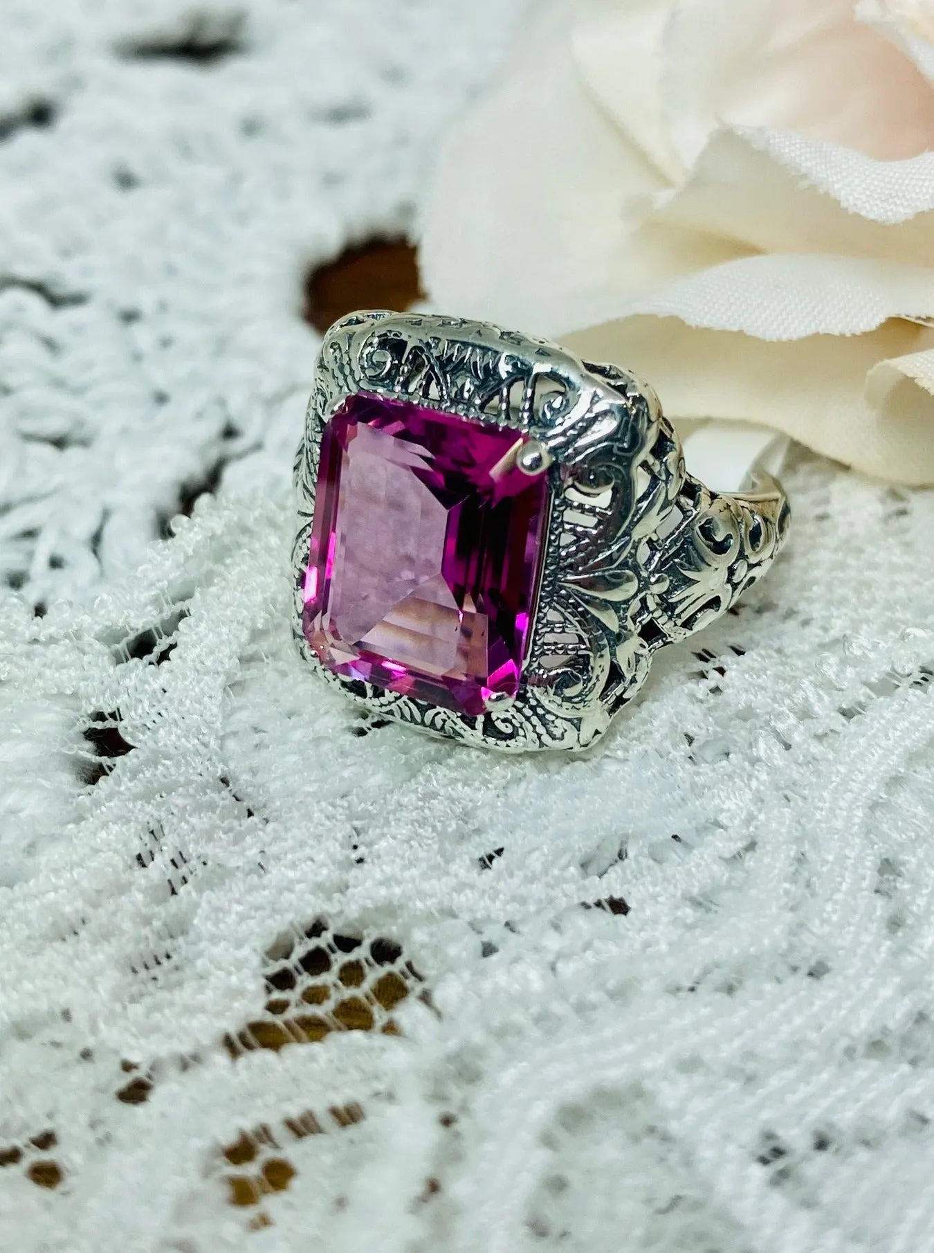 Natural Pink Topaz Ring, Intricate Victorian Jewelry #D149