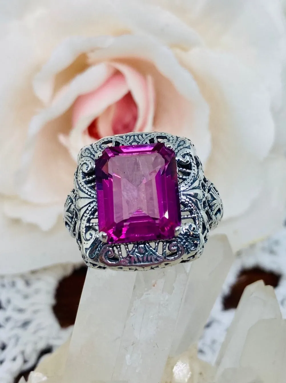 Natural Pink Topaz Ring, Intricate Victorian Jewelry #D149