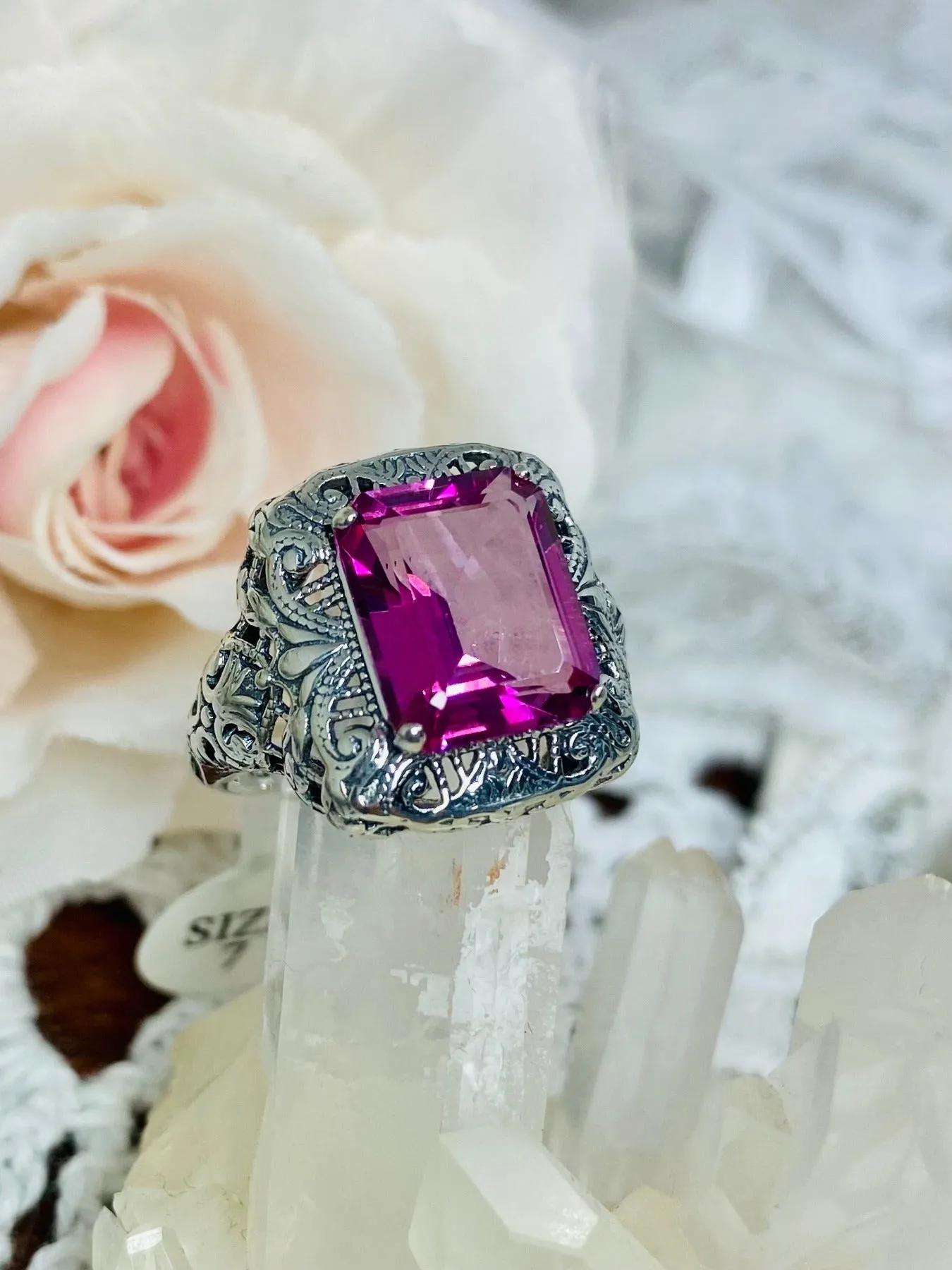 Natural Pink Topaz Ring, Intricate Victorian Jewelry #D149
