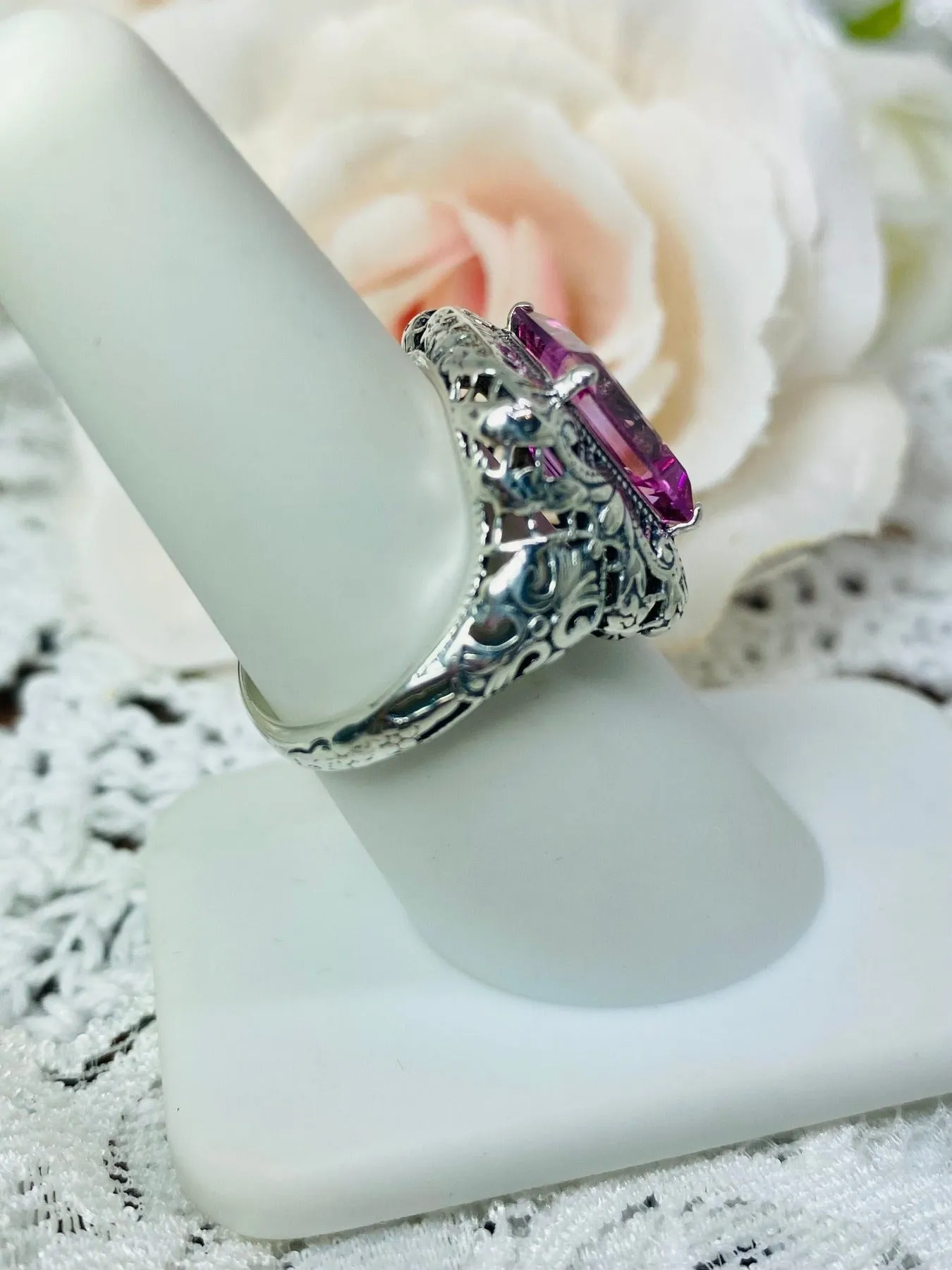 Natural Pink Topaz Ring, Intricate Victorian Jewelry #D149