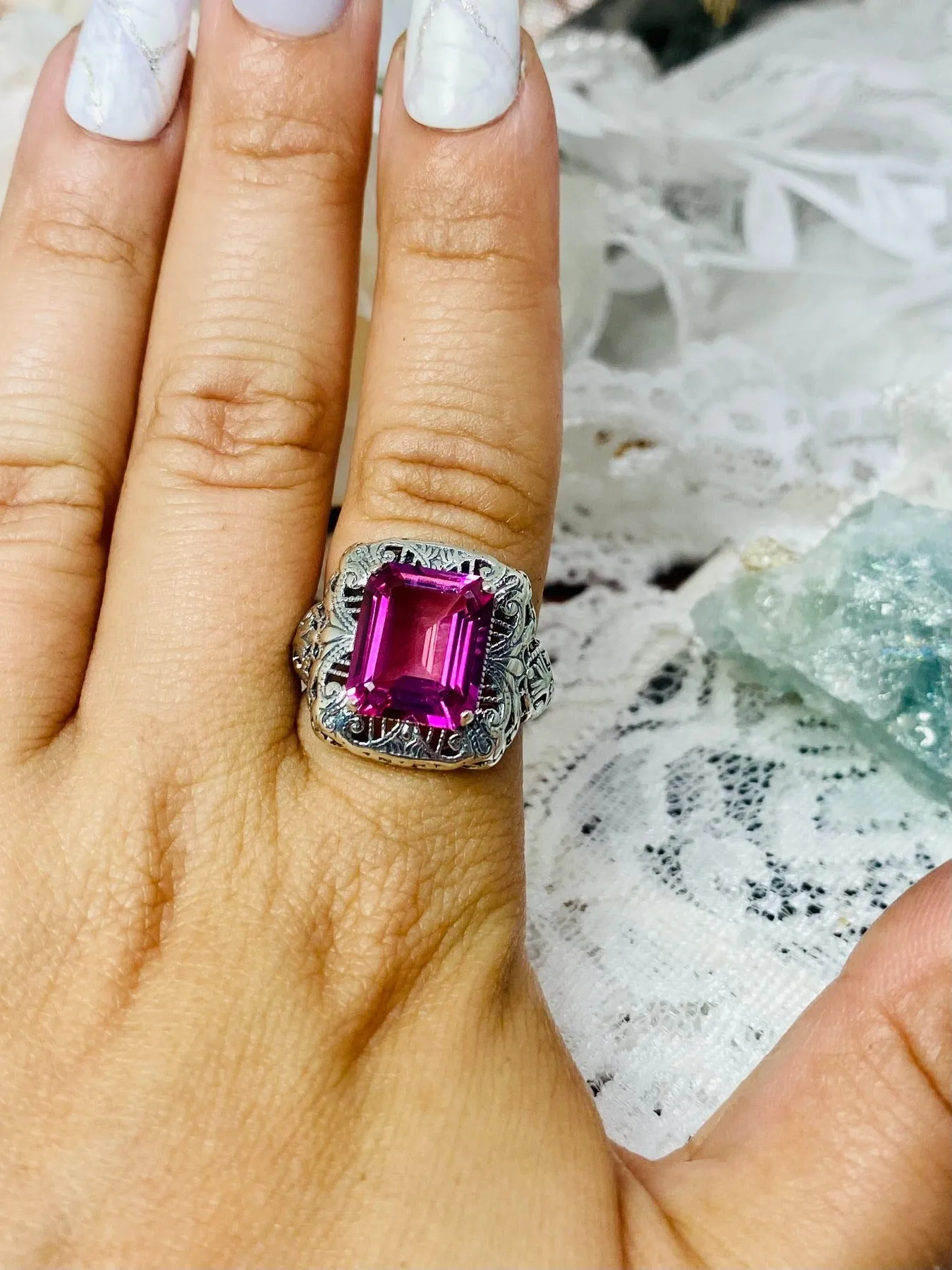 Natural Pink Topaz Ring, Intricate Victorian Jewelry #D149