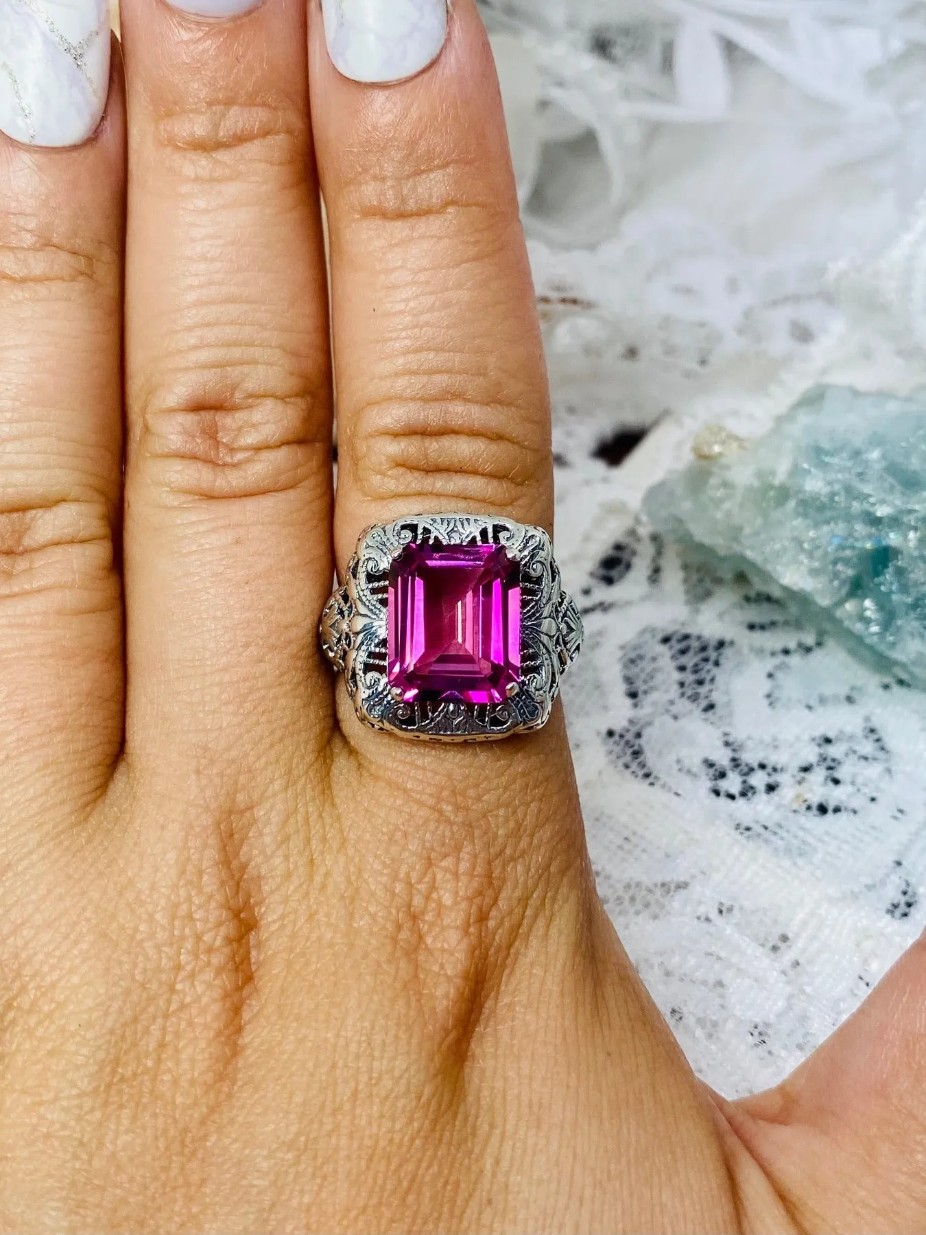 Natural Pink Topaz Ring, Intricate Victorian Jewelry #D149