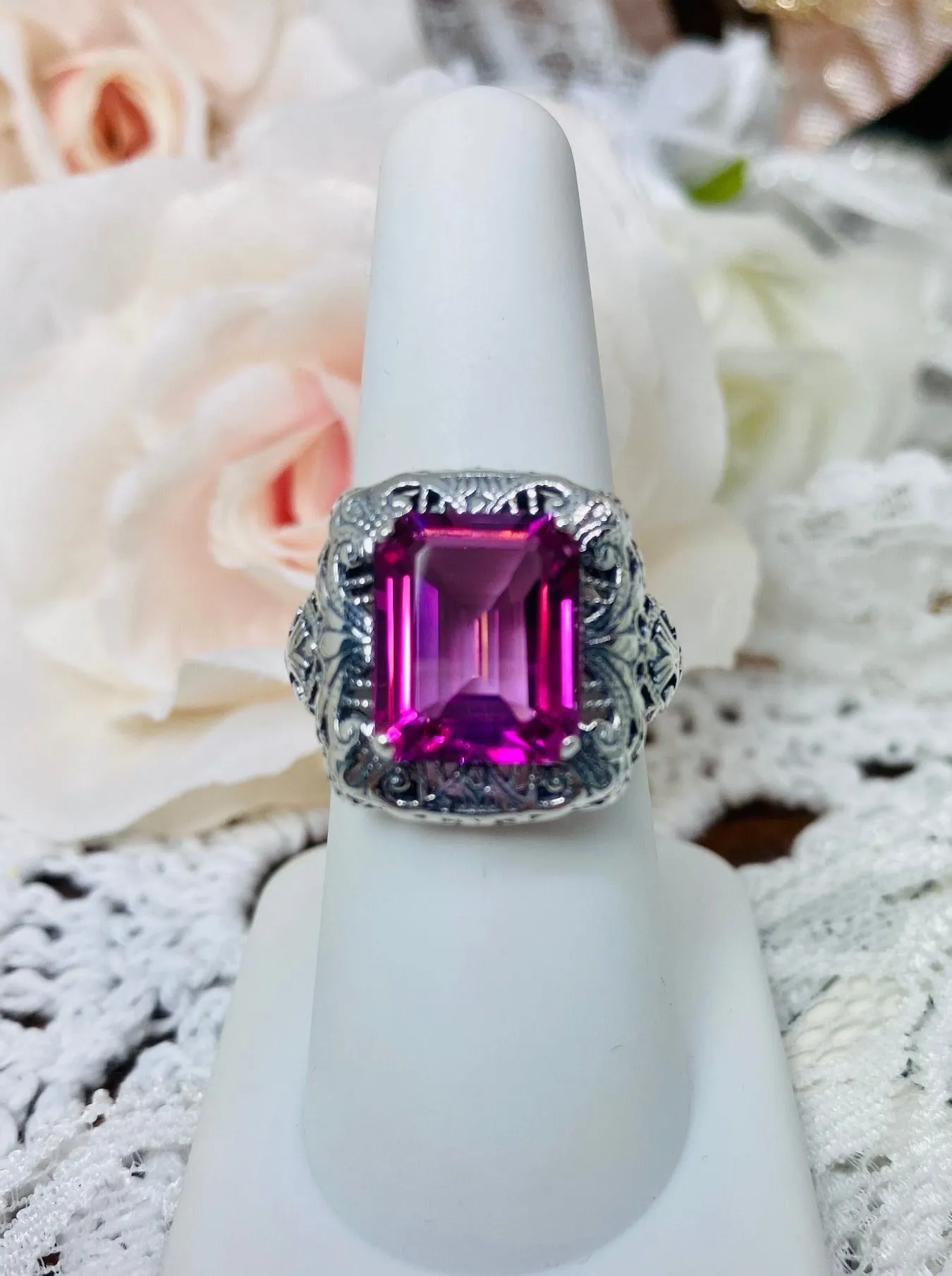 Natural Pink Topaz Ring, Intricate Victorian Jewelry #D149