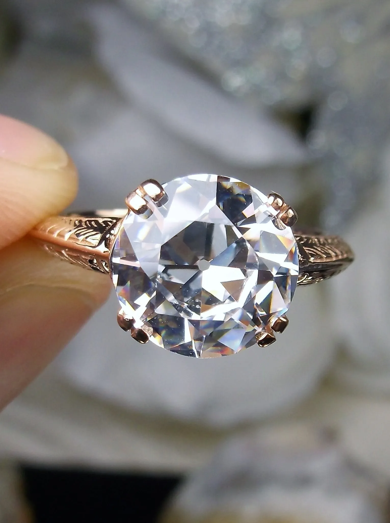 Natural White Topaz Ring, 14K Rose Gold or 10K Rose Gold, Art Deco 1930's Style Jewelry, #D12