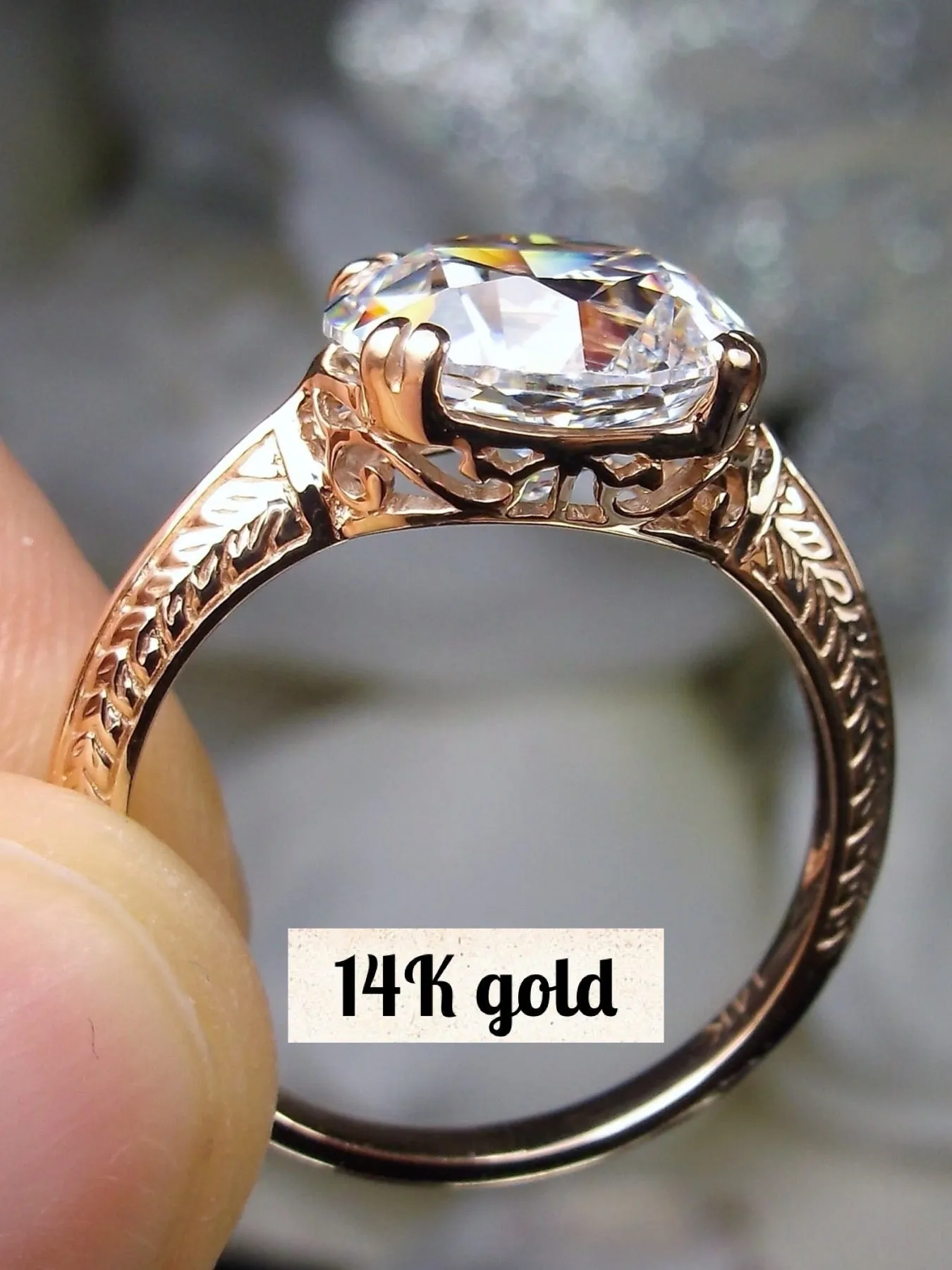 Natural White Topaz Ring, 14K Rose Gold or 10K Rose Gold, Art Deco 1930's Style Jewelry, #D12