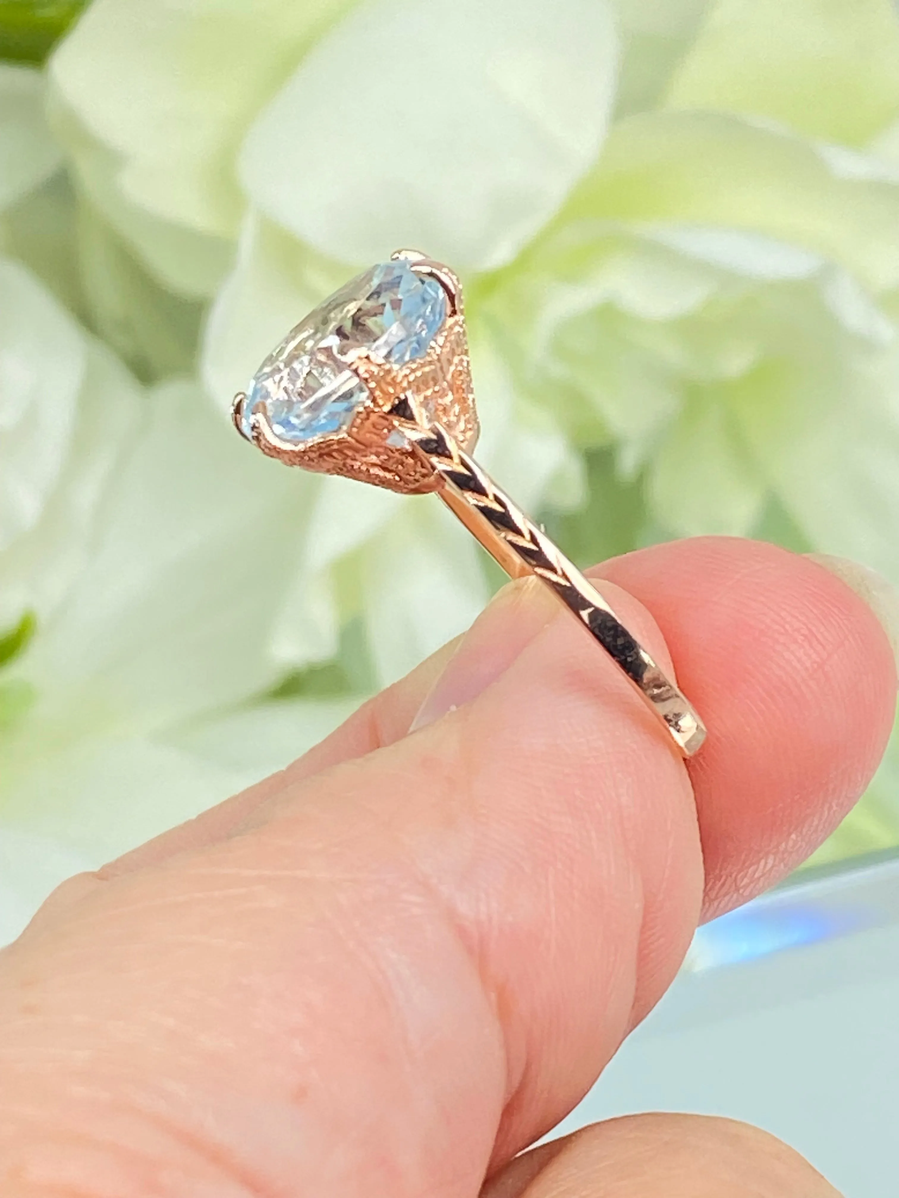Natural White Topaz Ring, Rose Gold plated Classic Solitaire Victorian Jewelry #D37